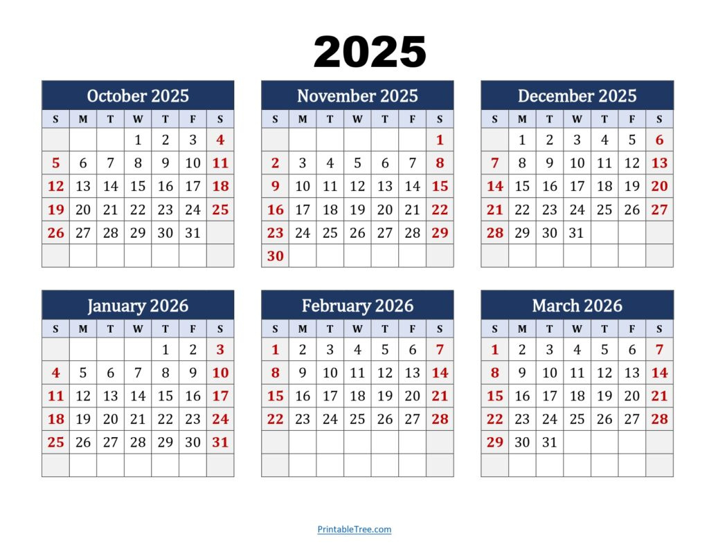 Six Month Calendar 2025-2026 Printable Pdf- 6 Months Calendar for 2026 Calendar Printable 6 Month