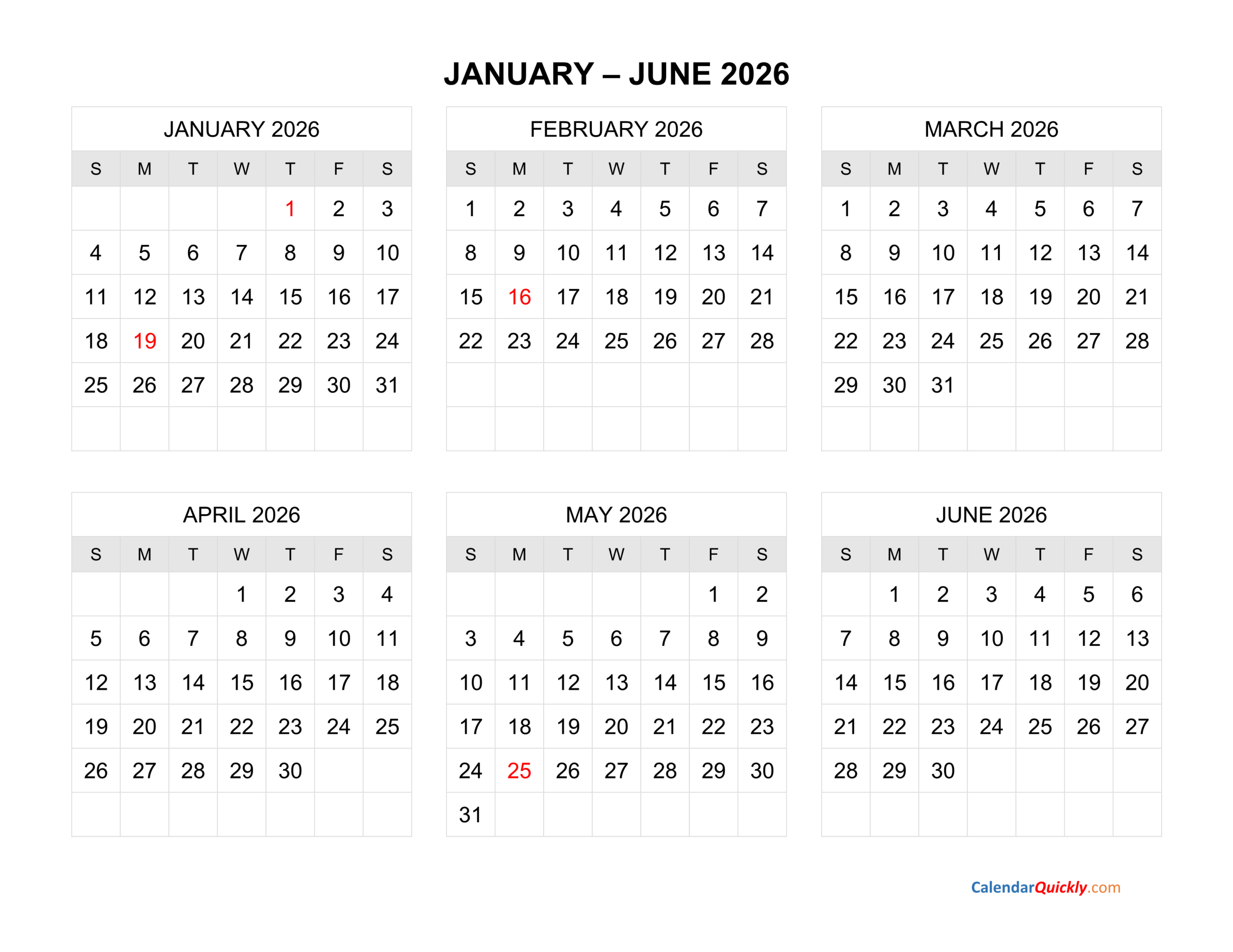 Six Months 2026 Calendar | Calendar Quickly with 6 Month Printable Calendar 2026