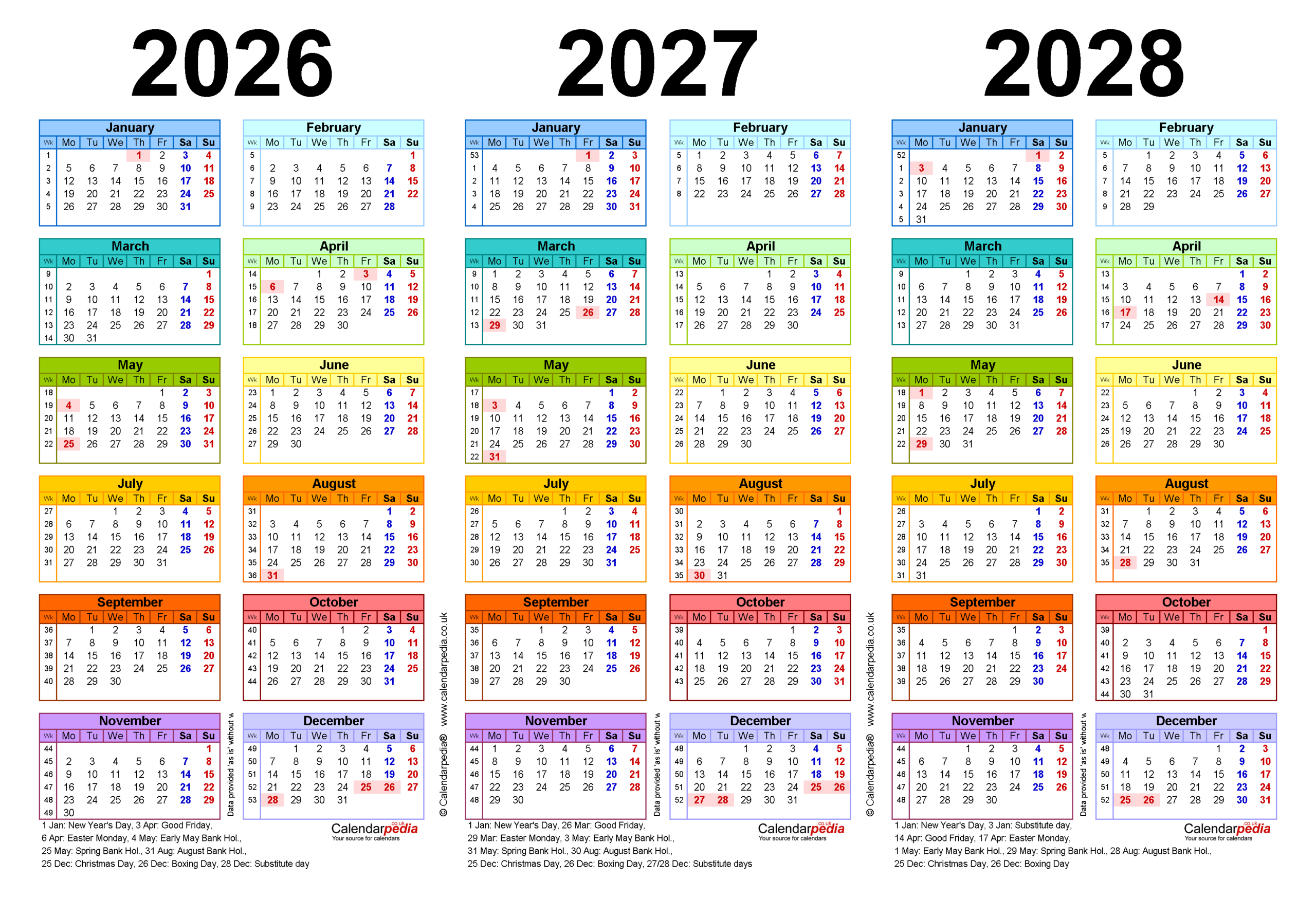 Three Year Calendars For 2026, 2027 And 2028 (Uk) For Pdf in Printable 3 Year Calendar 2026 2027 2028