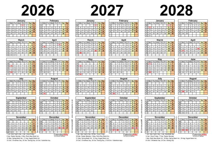 Printable 3 Year Calendar 2026 2027 2028