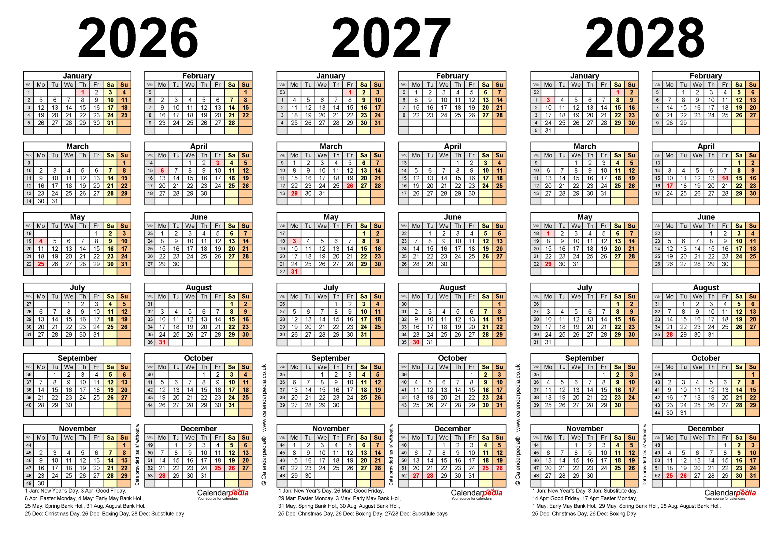 Three Year Calendars For 2026, 2027 And 2028 (Uk) For Pdf within Printable 3 Year Calendar 2026 2027 2028