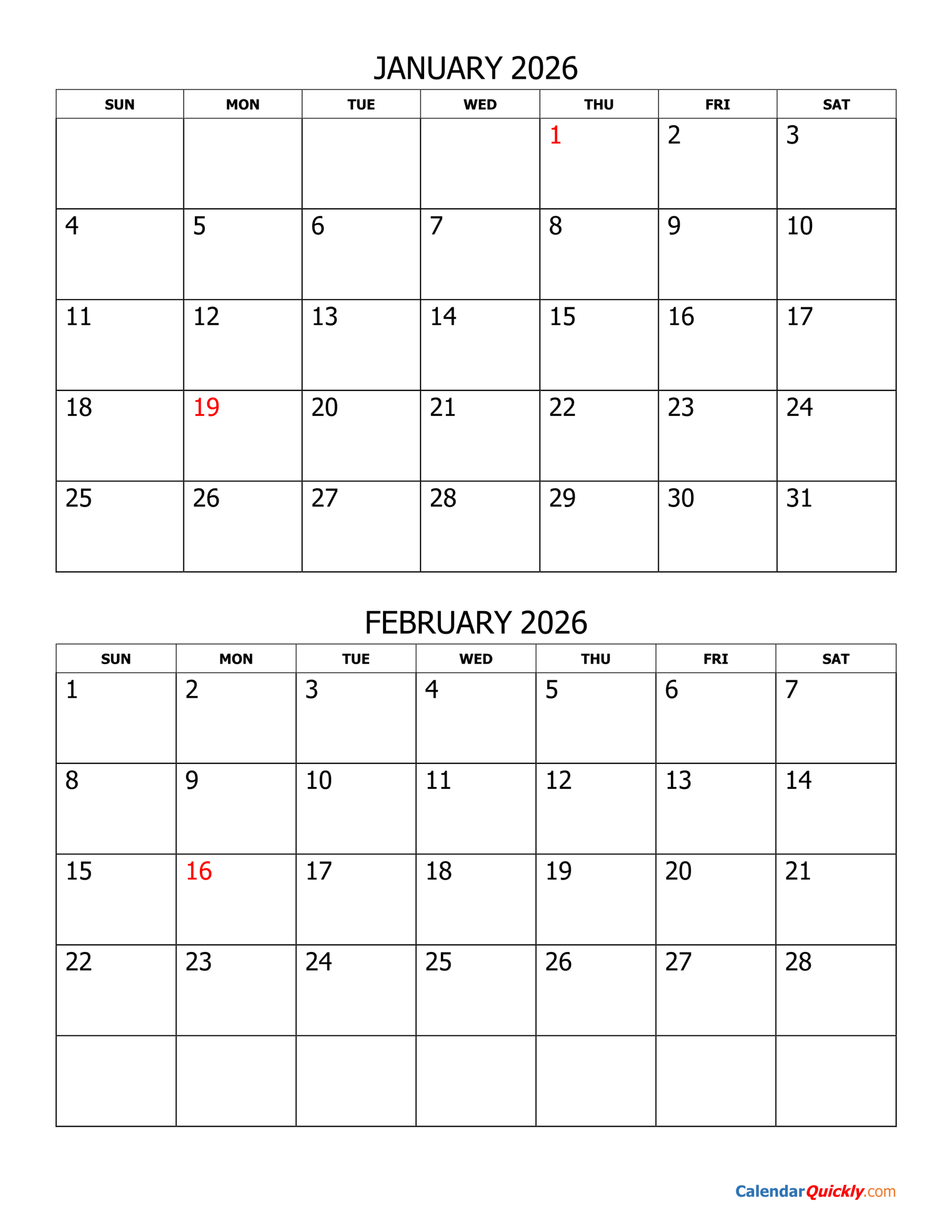 Two Months 2026 Calendar | Calendar Quickly for 2026 Calendar Printable 2 Months Per Page