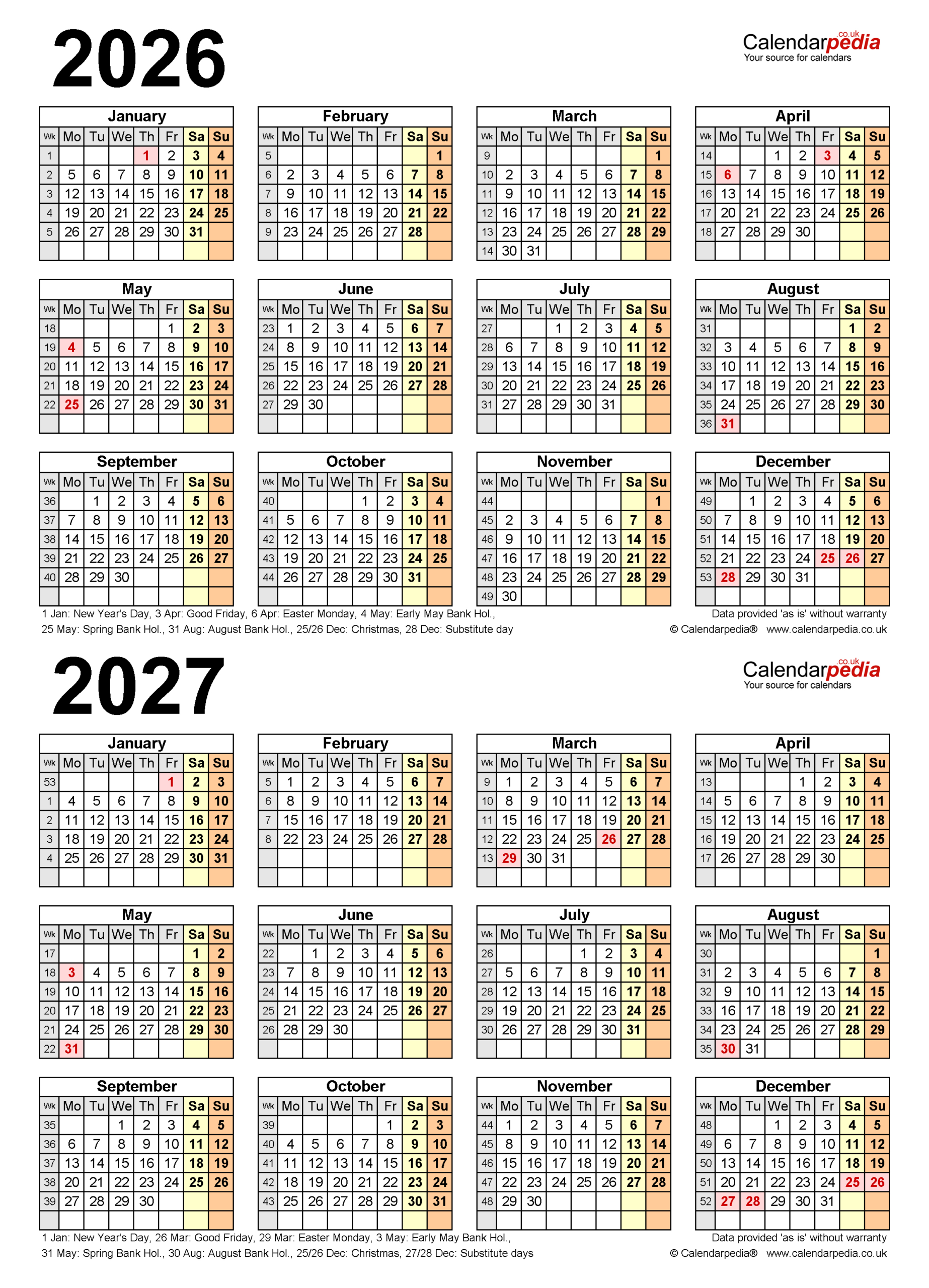Two Year Calendars For 2026 And 2027 (Uk) For Pdf regarding 2026 Calendar Printable Trinidad