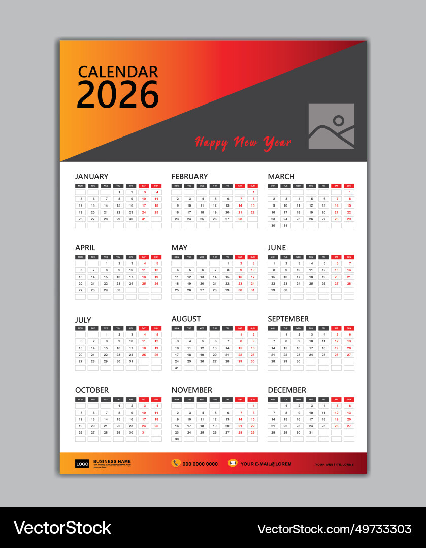 Wall Calendar 2026 Template Week Starts On Monday – Lizenzfreie within Calendar 2026 And 2026