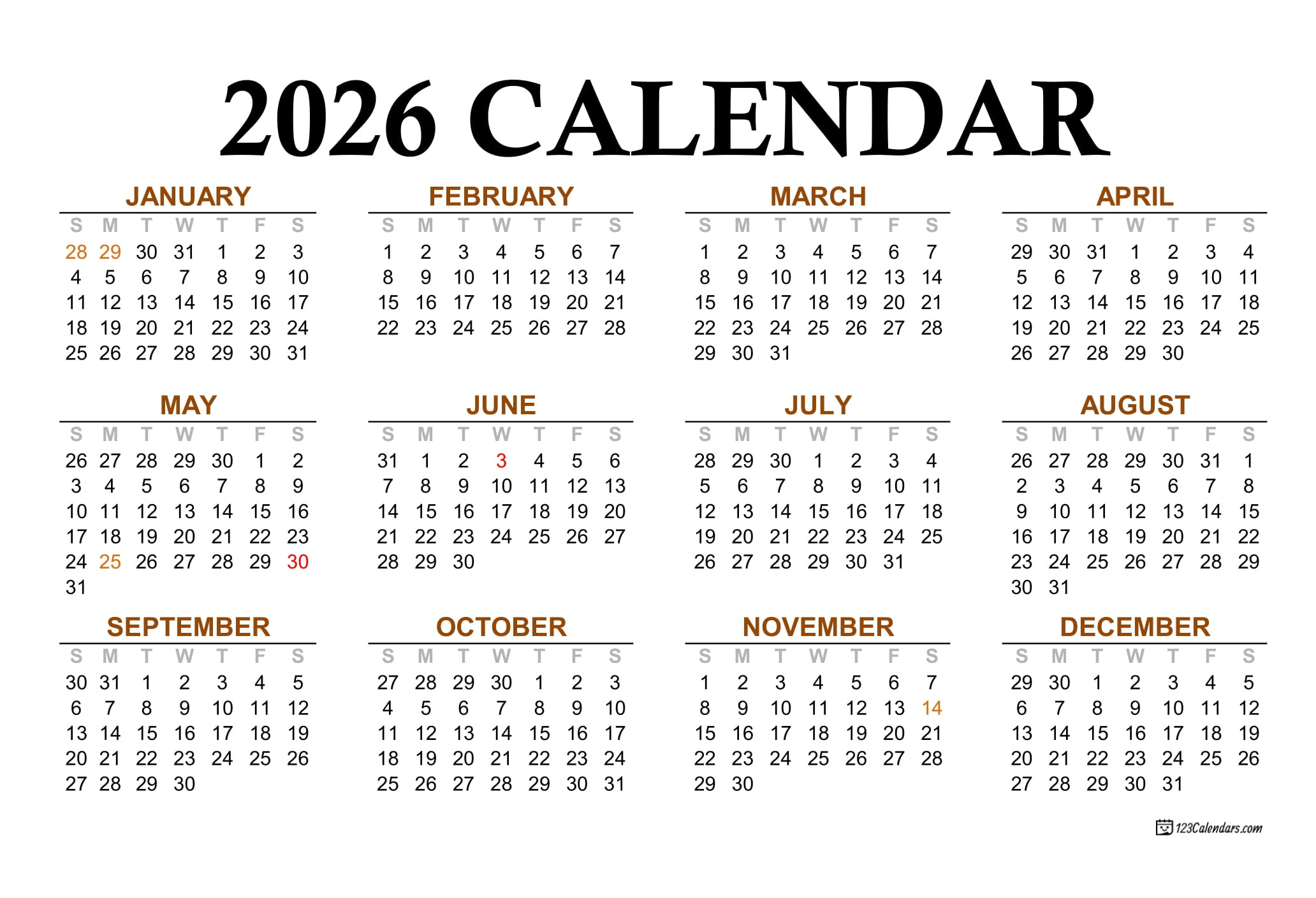 Year 2026 Calendar Templates | 123Calendars regarding 2026 Calendar Printable Philippines