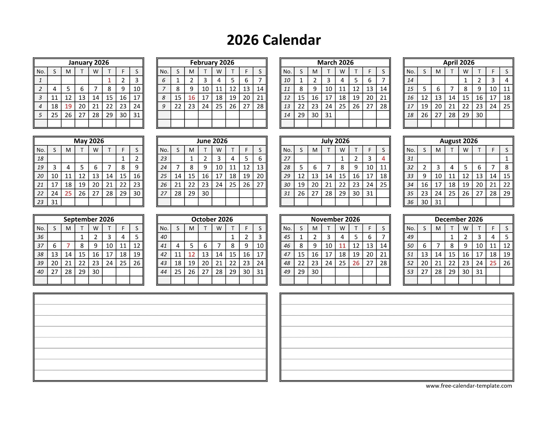 Yearly 2026 Calendar Printable With Space For Notes | Free with regard to 2026 Calendar Printable Free With Notes