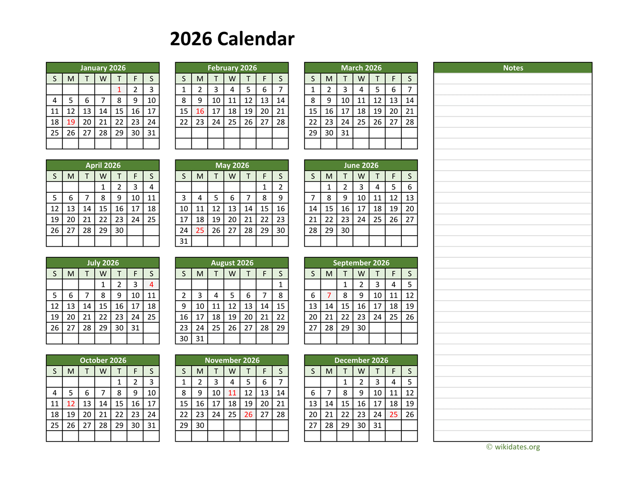 Yearly Printable 2026 Calendar With Notes | Wikidates intended for 2026 Calendar Printable with Notes