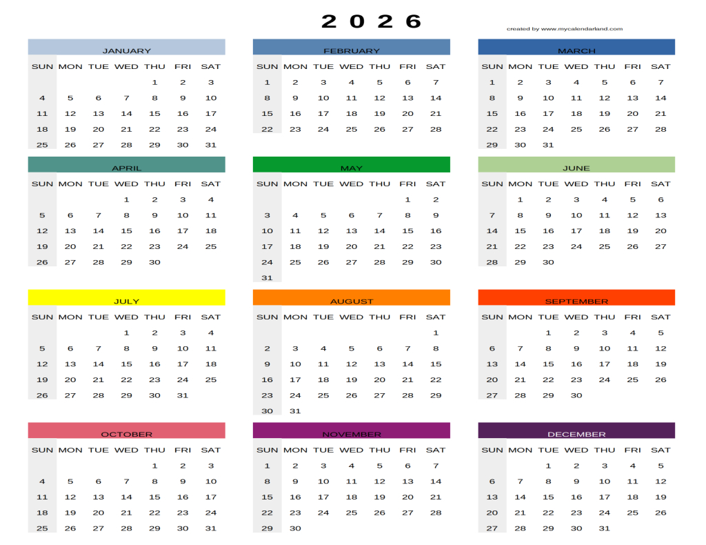 Yearly Printable Calendars 2026 – My Calendar Land within 2026 Calendar Printable Colorful