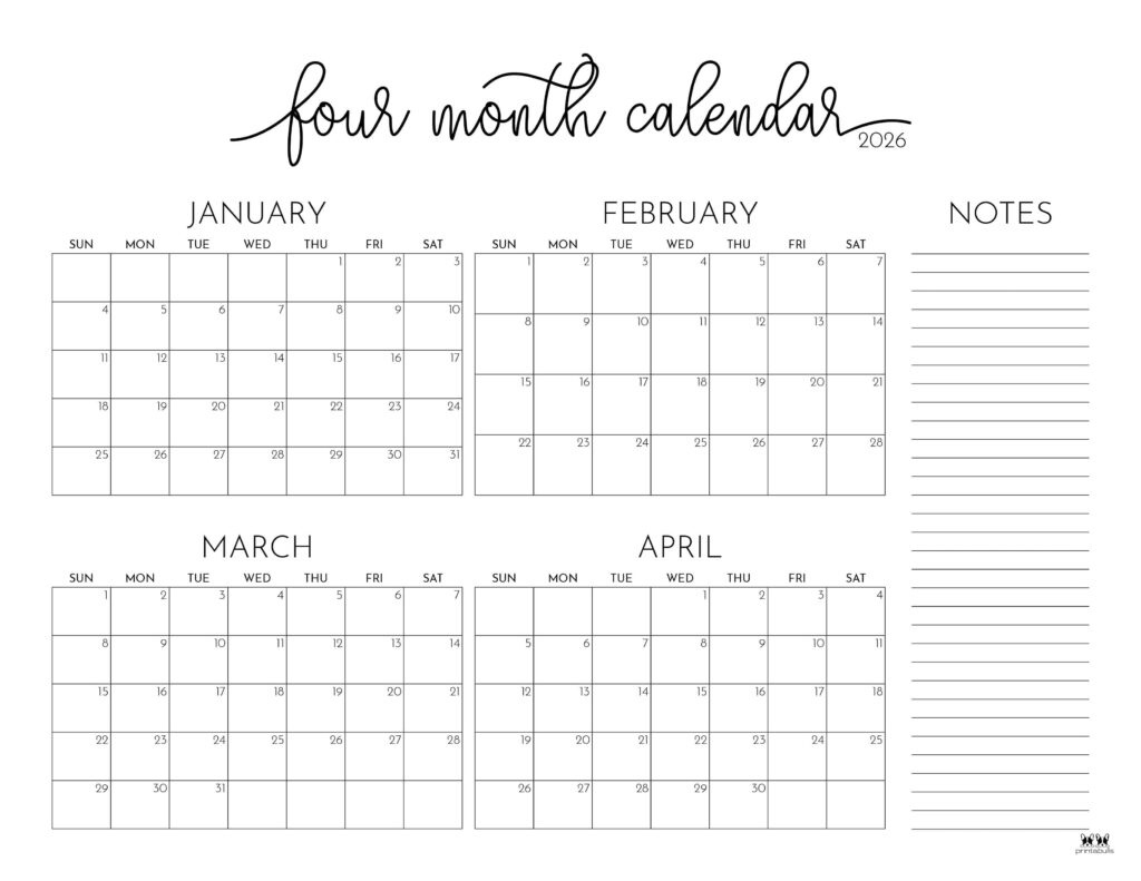 2026 Four Month Calendars - 31 Free Printables | Printabulls regarding February March April 2026 Calendar Printable