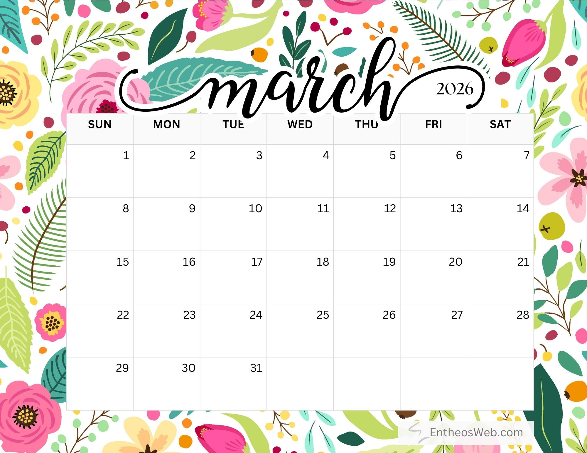 2026 Free Printable Monthly Calendar With Floral Backgrounds for March Clip Art Calendar 2026