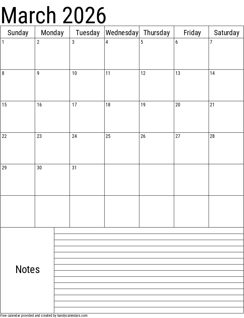 2026 March Calendars - Handy Calendars intended for March 2026 Calendar With Notes