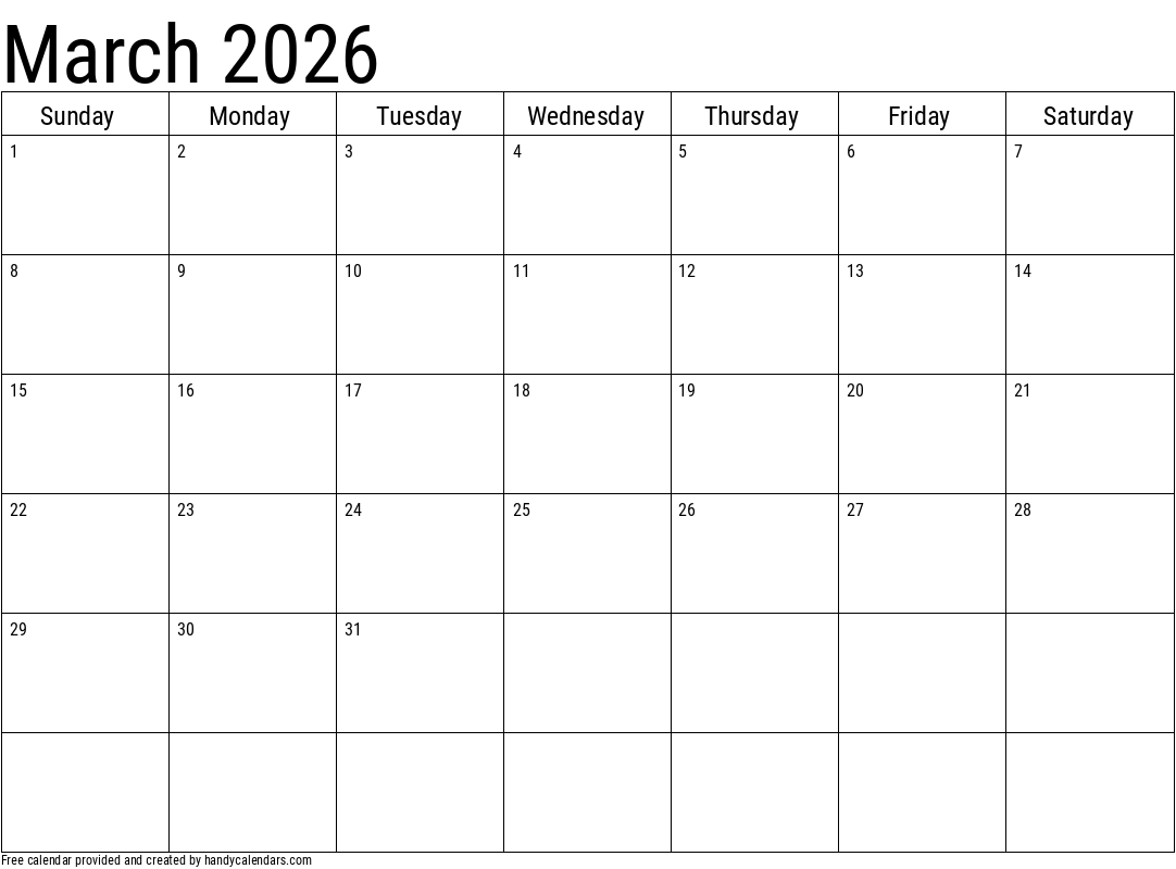 2026 March Calendars - Handy Calendars regarding March Calendar 2026 Grab Calendar