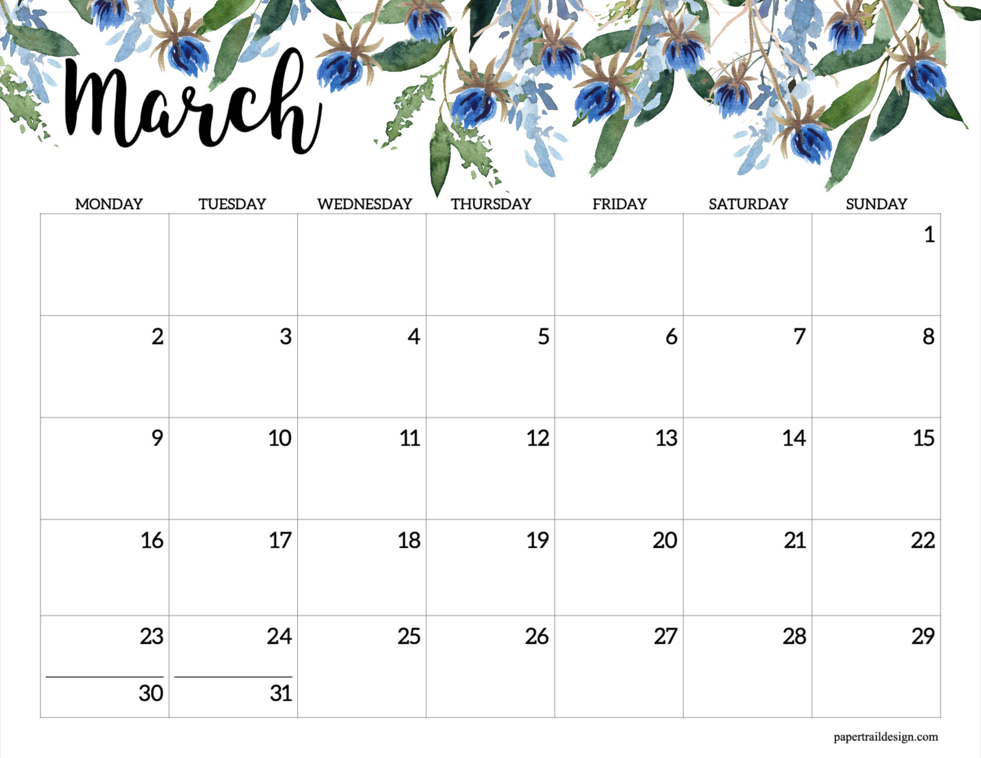 2026 Monday Start Floral Calendar - Paper Trail Design within March Calendar 2026 Starting Monday