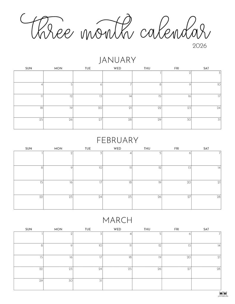 2026 Three Month/Quarterly Calendars - 36 Free Cals | Printabulls regarding Printable Calendar 2026 Jan Feb March