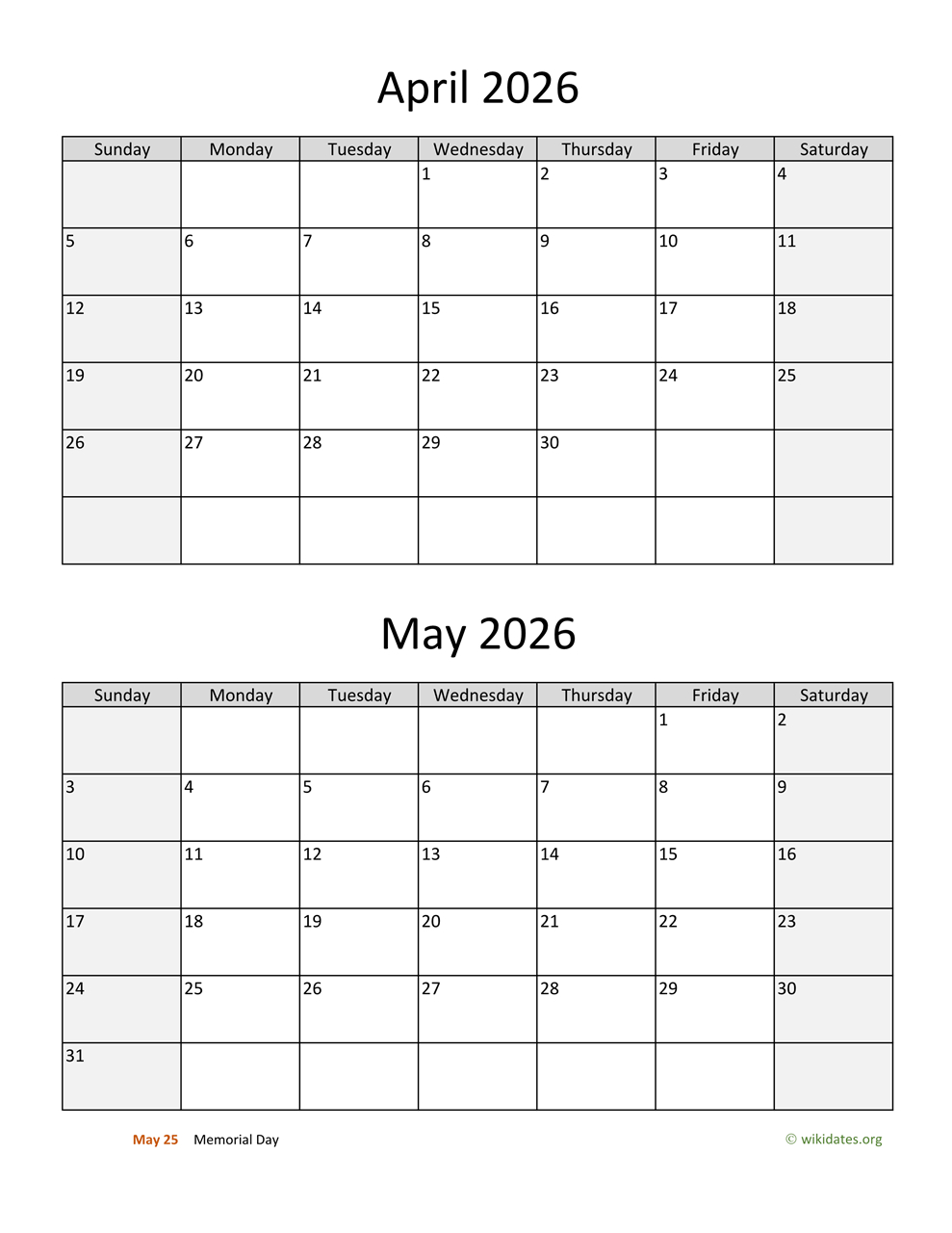 April And May 2026 Calendar | Wikidates inside Printable Calendar 2026 March April May
