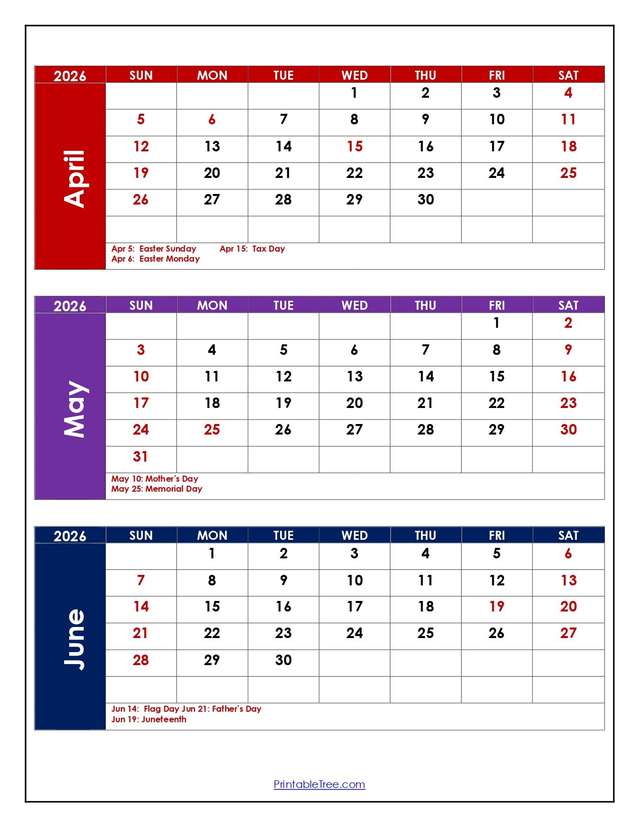 April To June 2026 Calendar | Three Month Calendar in March April May June 2026 Calendar