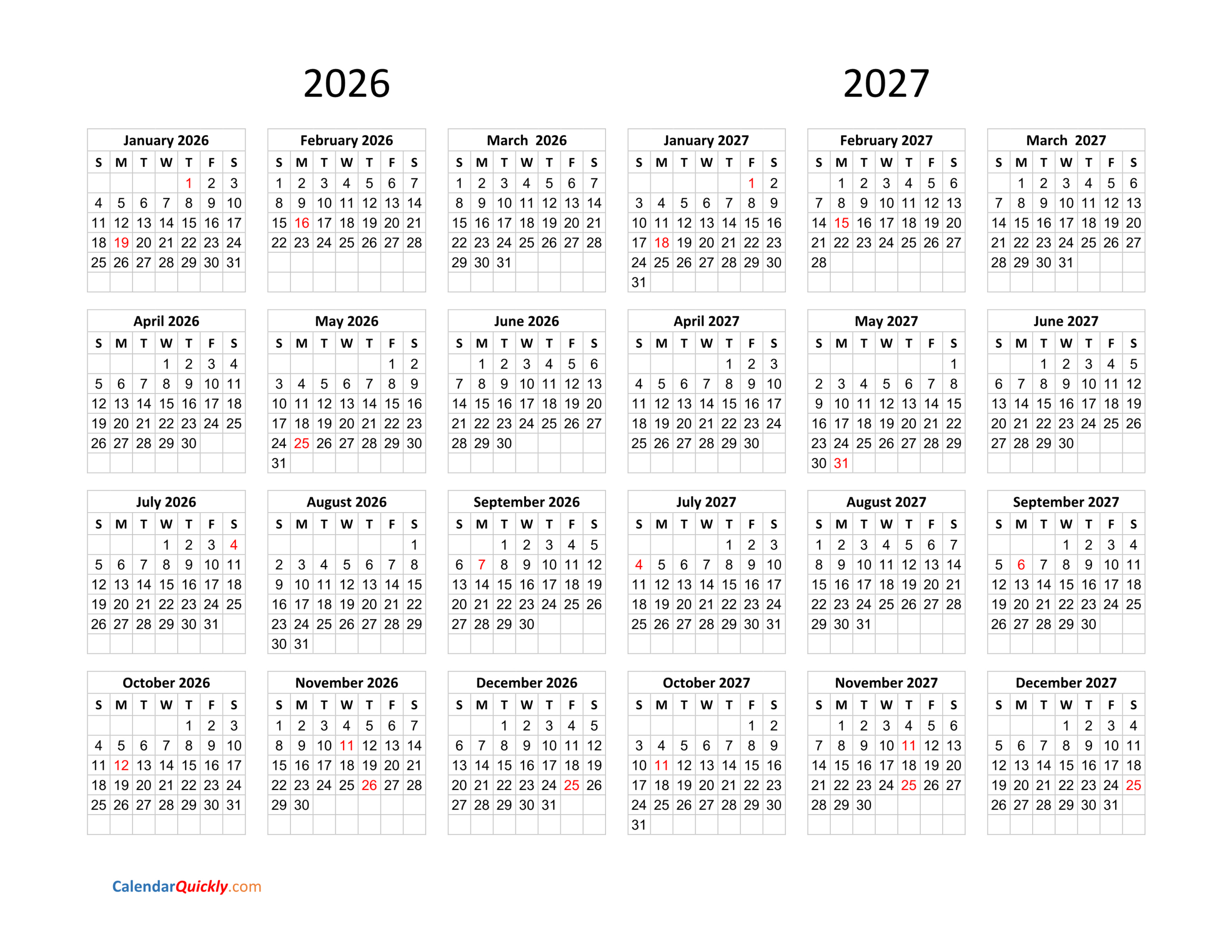 Calendar 2026 And 2027 On One Page | Calendar Quickly with March 2026 to February 2027 Calendar
