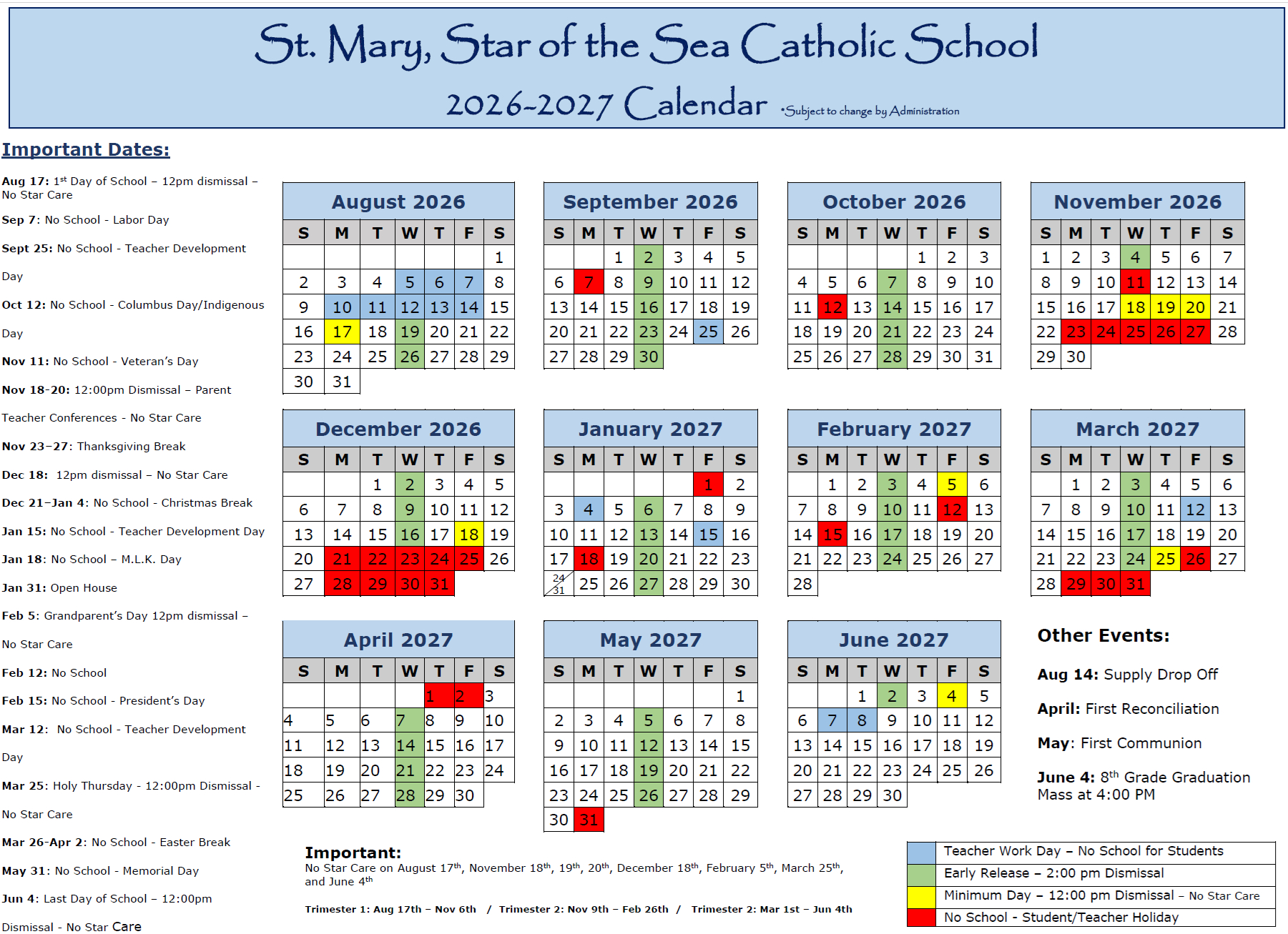 Calendar And Important Dates – St. Mary, Star Of The Sea School with regard to Catholic Calendar 2026 - 2027