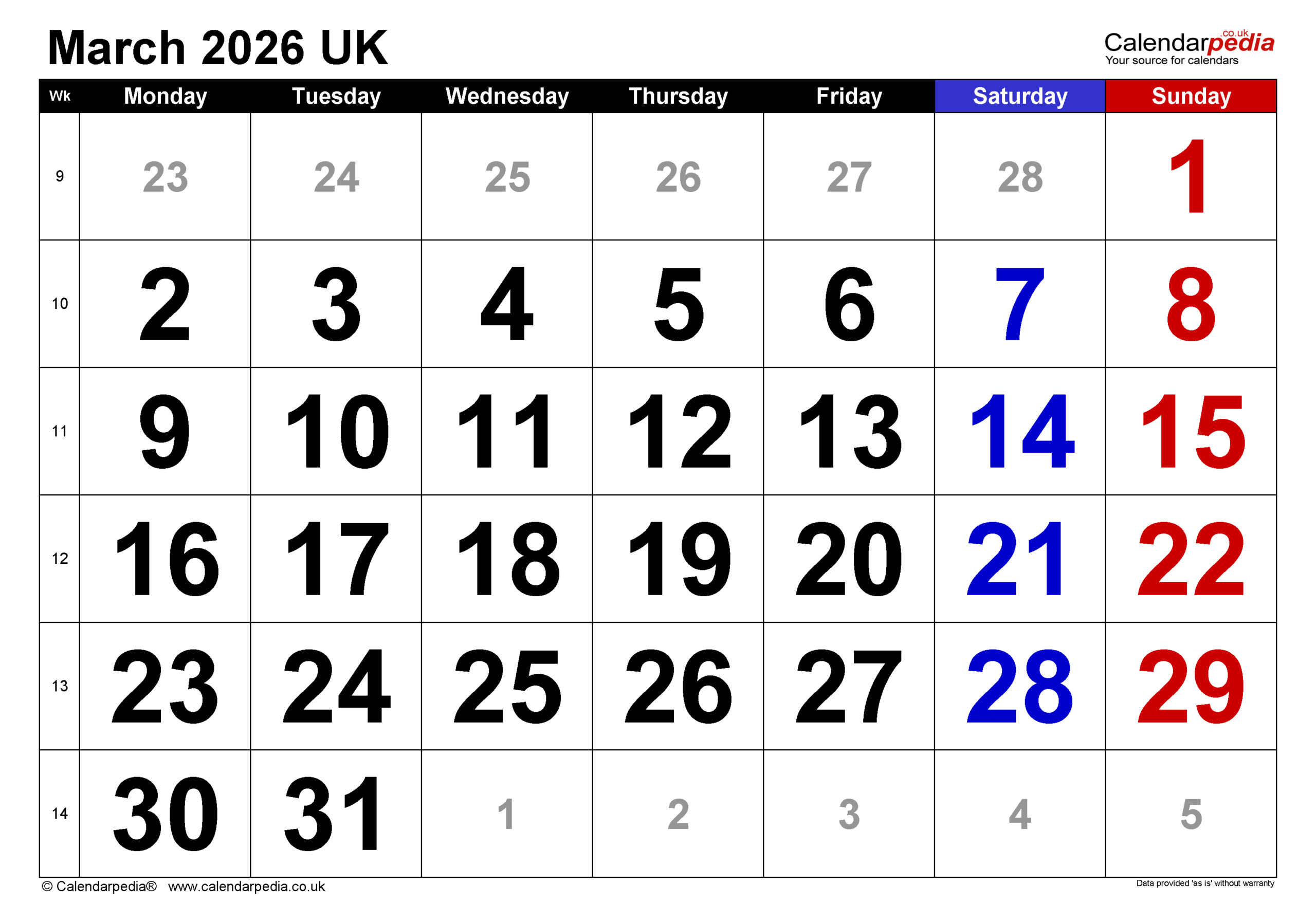 Calendar March 2026 Uk With Pdf, Excel And Word Templates intended for March Calendar 2026 Uk