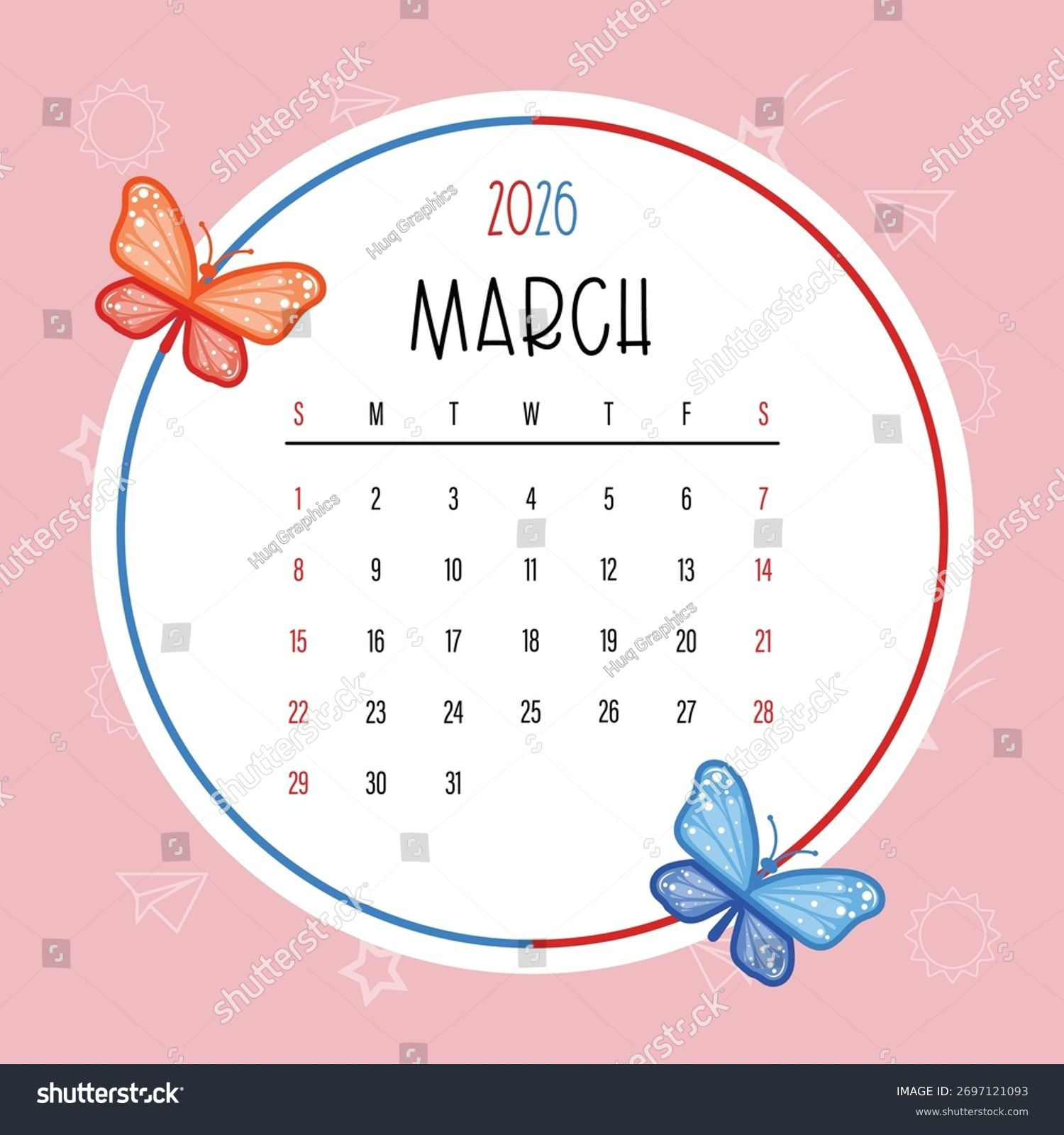 Cute March 2026 Calendar Template Butterflies Stock Vector within Cute March 2026 Calendar