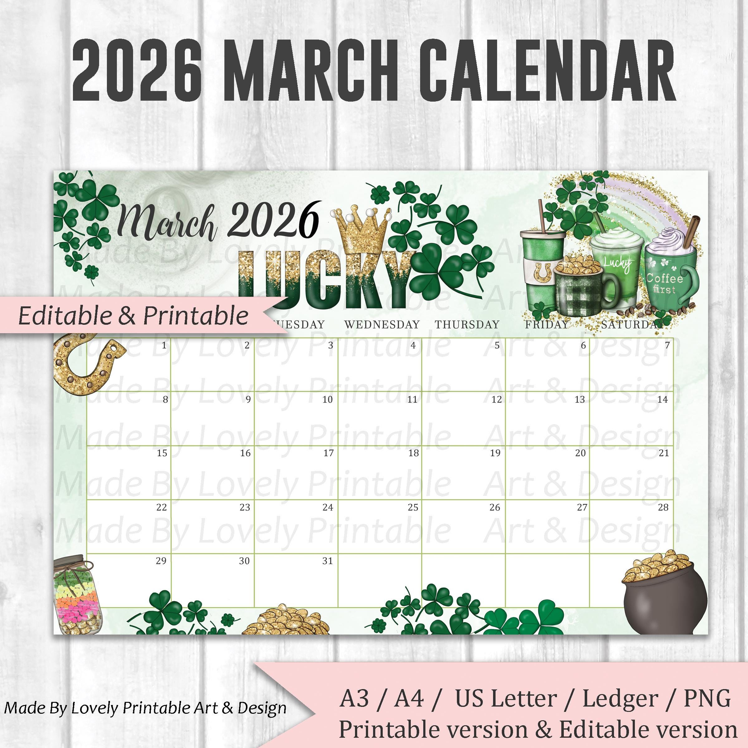 Editable March 2026 Calendar, Happy St. Patrick'S Day Planner intended for March Calendar 2026 NZ