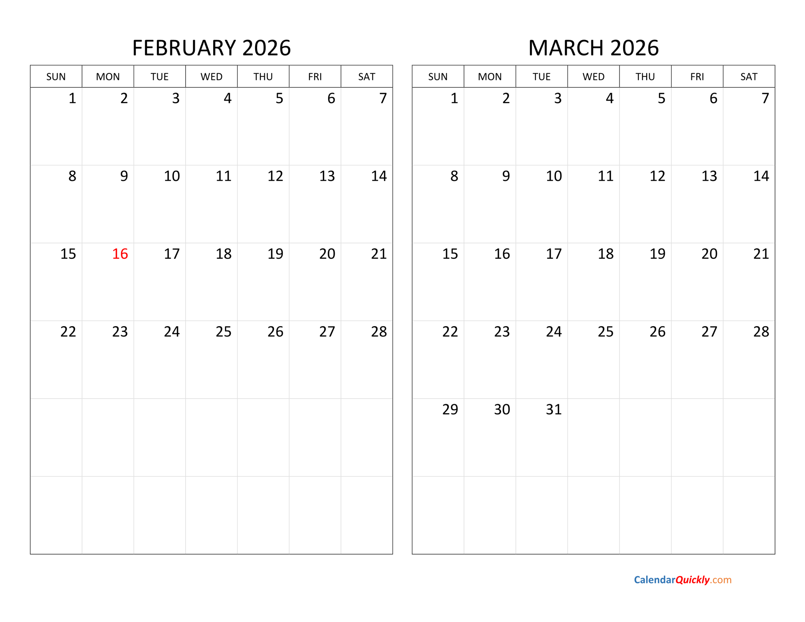 February And March 2026 Calendar | Calendar Quickly regarding Feb And March Calendar 2026