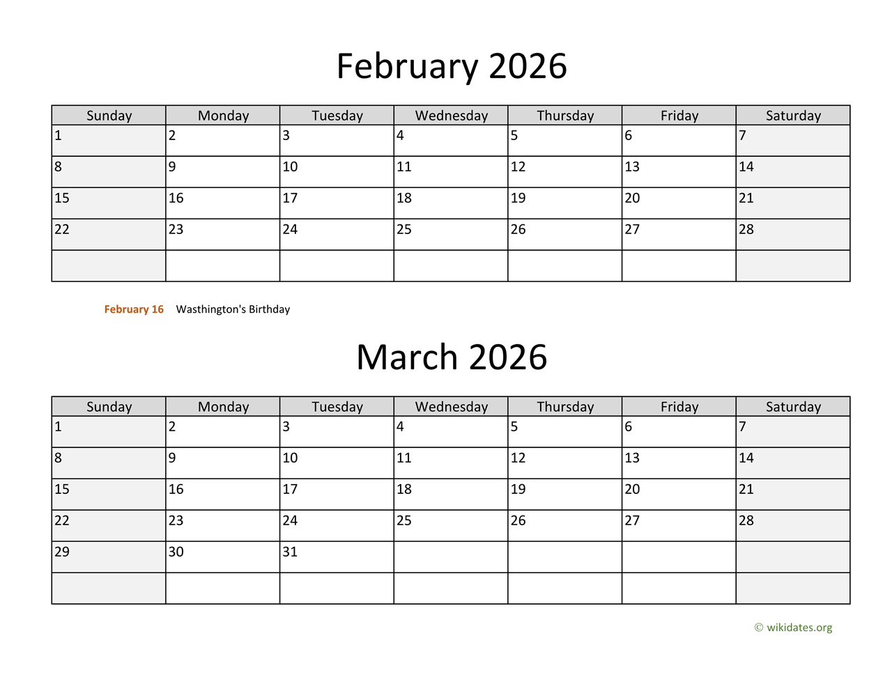 February And March 2026 Calendar | Wikidates inside February To March Calendar 2026