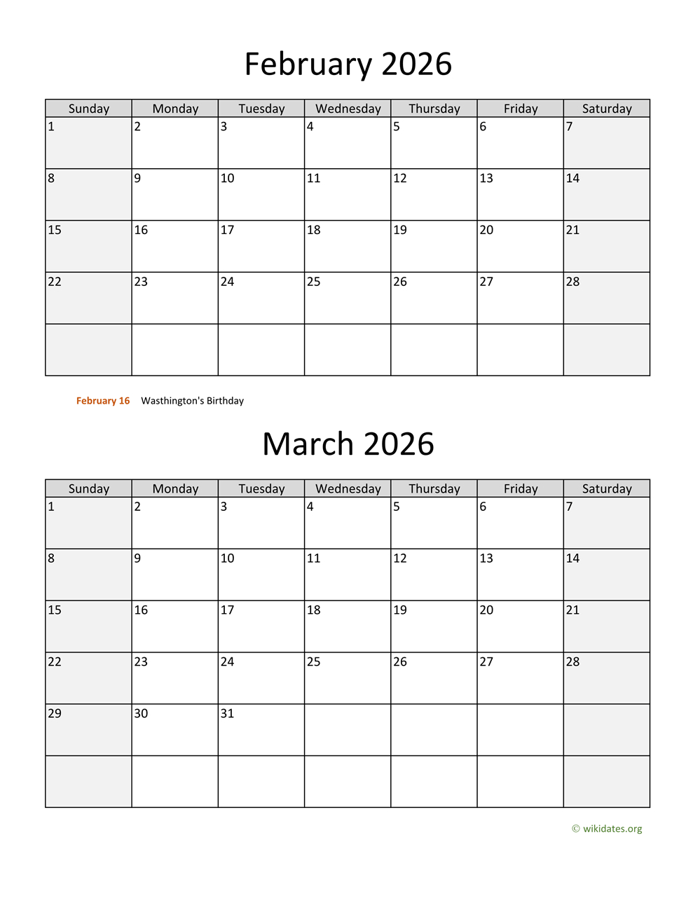 February And March 2026 Calendar | Wikidates with Calendar February 2026 March 2026