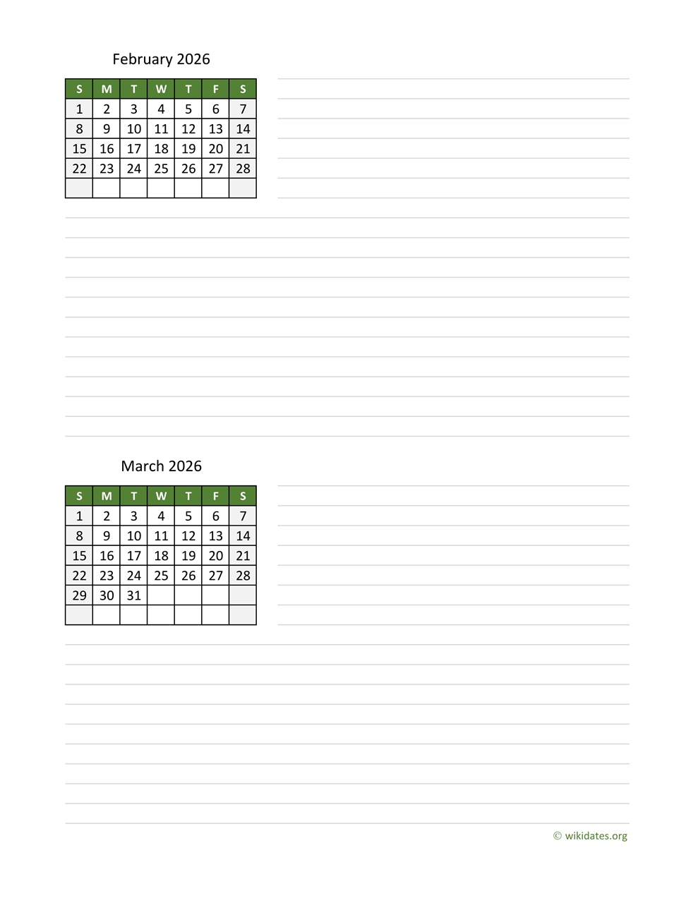 February And March 2026 Calendar | Wikidates within February And March 2026 Printable Calendar