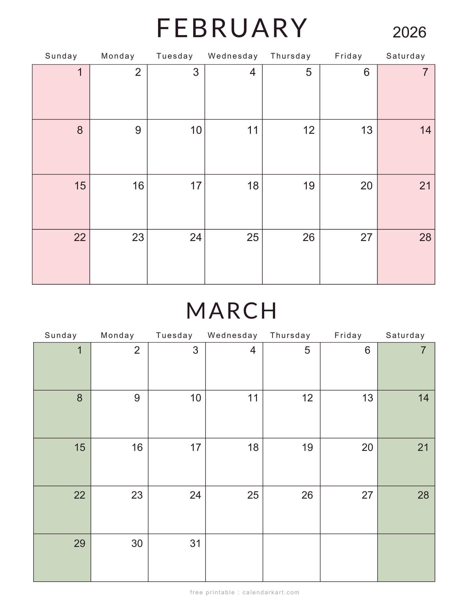 February March 2026 Calendars - Free Printable Pdfs - Calendarkart pertaining to February March Calendar 2026 Printable