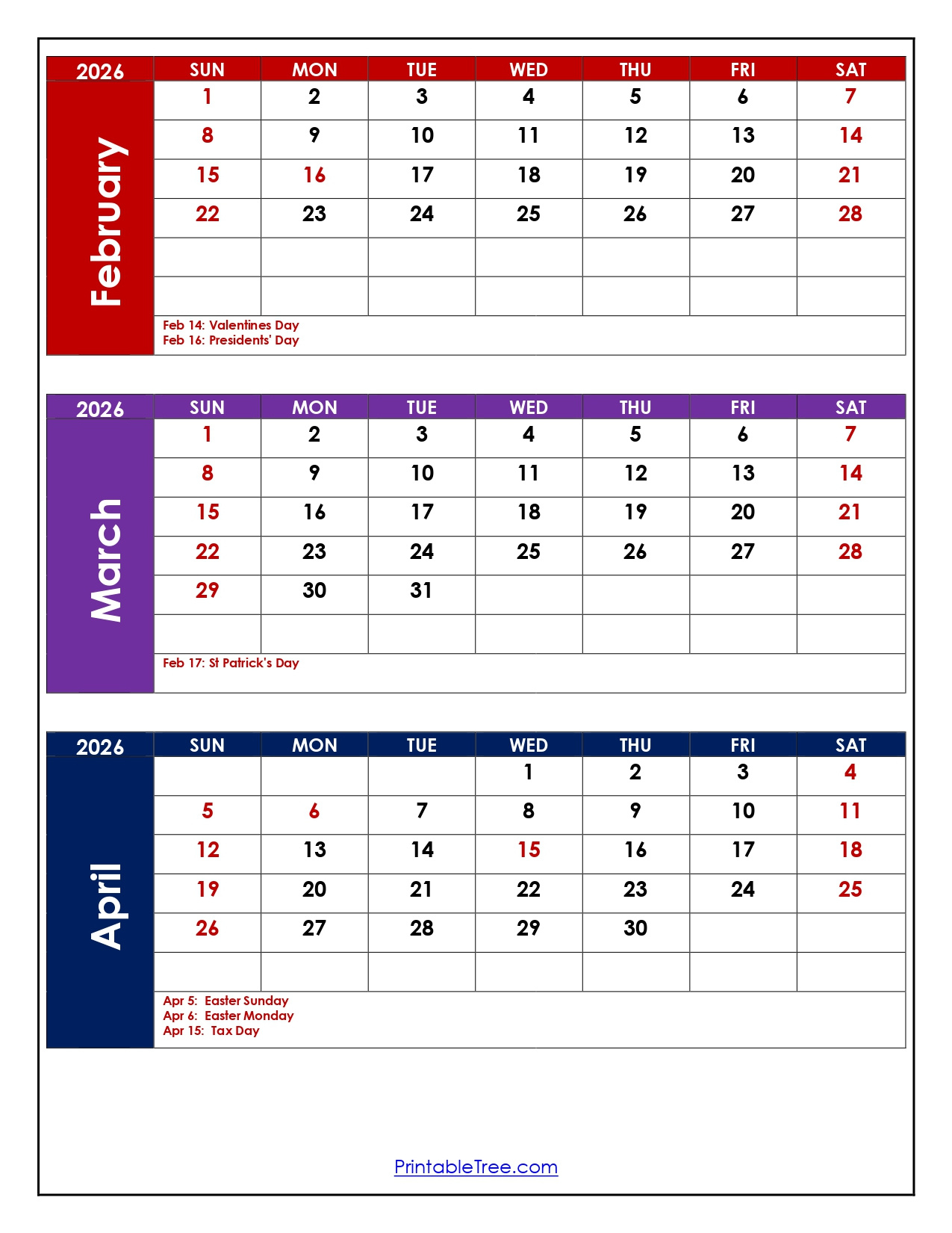 February To April 2026 Calendar | Three Month Calendar with Feb March April 2026 Calendar