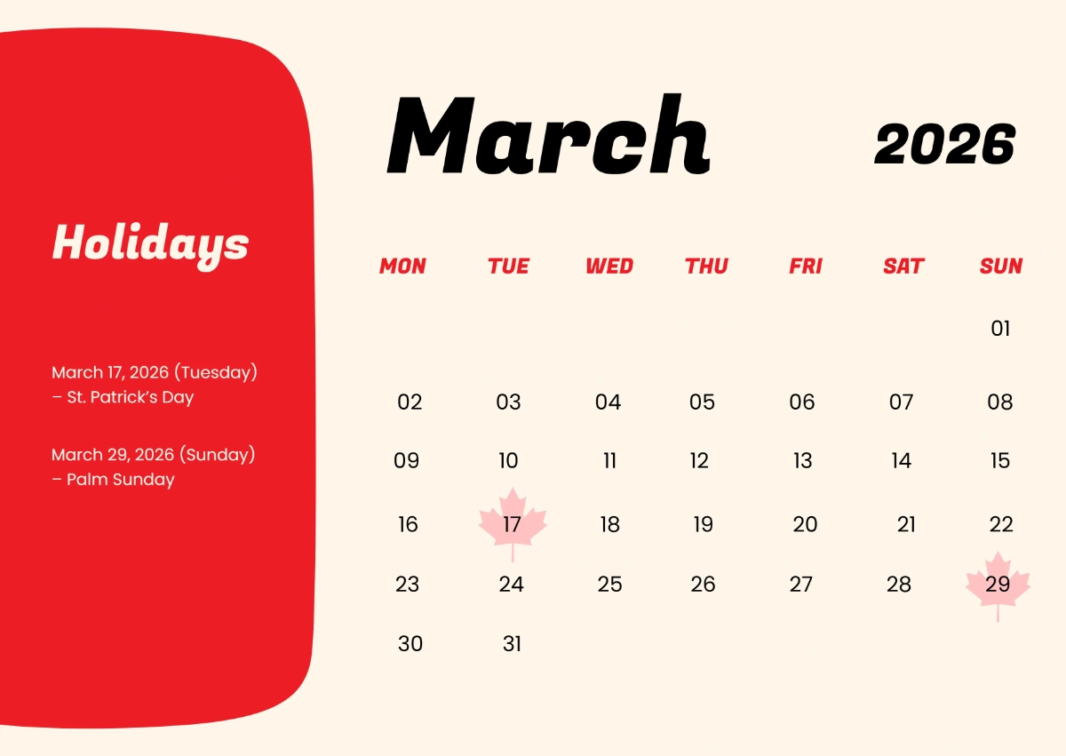 Free March 2026 Canada Holidays Calendar Template To Edit Online regarding March Calendar 2026 Canada