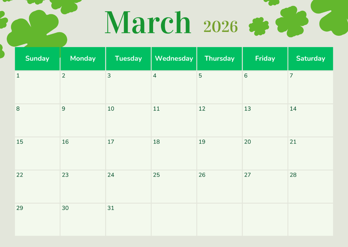 Free March 2026 St. Patrick&amp;#039;S Calendar Template To Edit Online for March Clip Art Calendar 2026