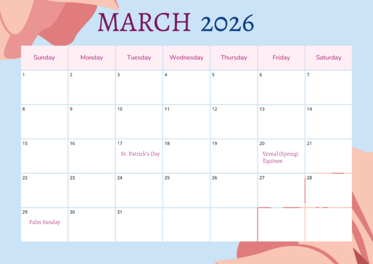 March Calendar 2026 with Holidays