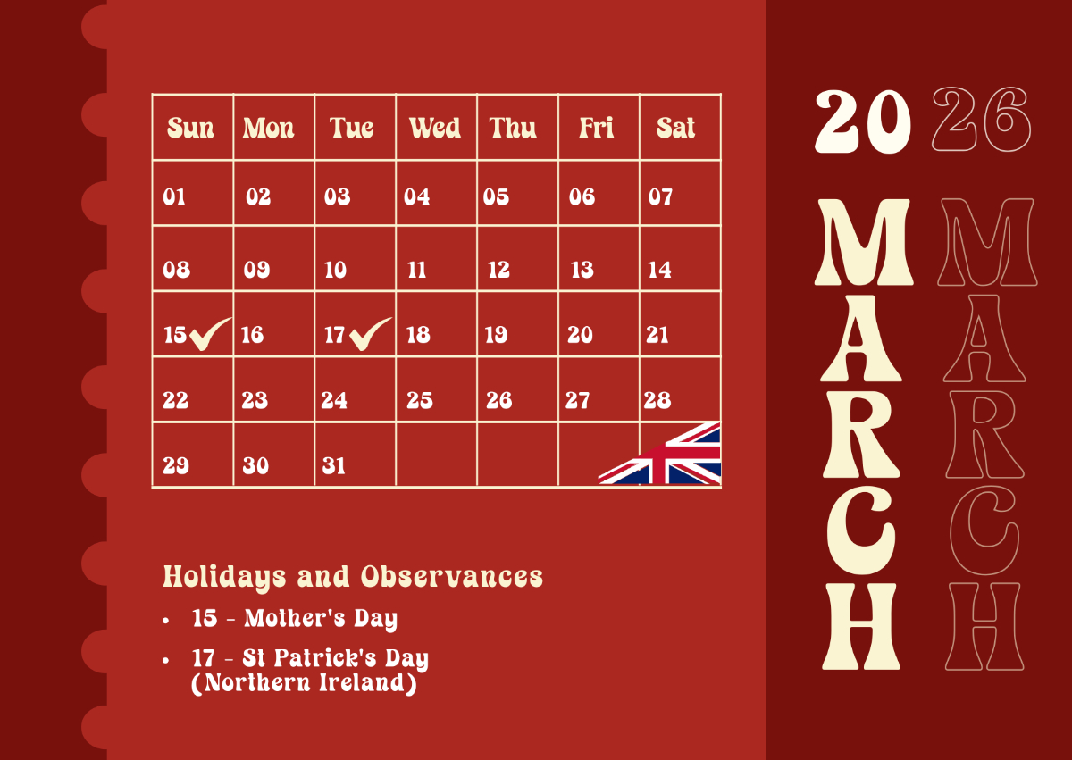 Free Simple March 2026 Uk Calendar Template To Edit Online with March Calendar 2026 Uk