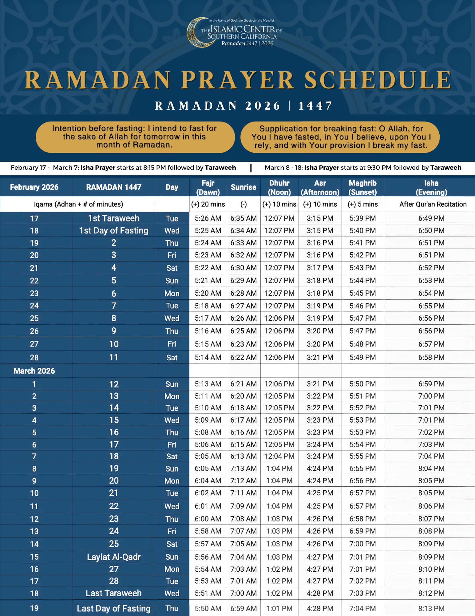Icsc Ramadan 2026 | 1447 - Islamic Center Of Southern California throughout Ramadan Calendar 2026 Bay Area