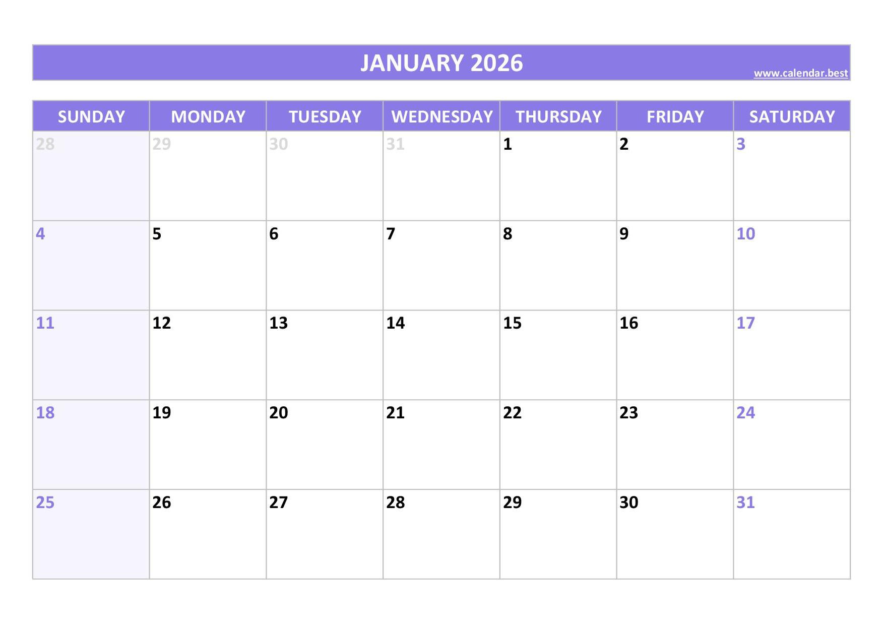 January 2026 Calendar -Calendar.best pertaining to Printable Calendar 2026 January To March