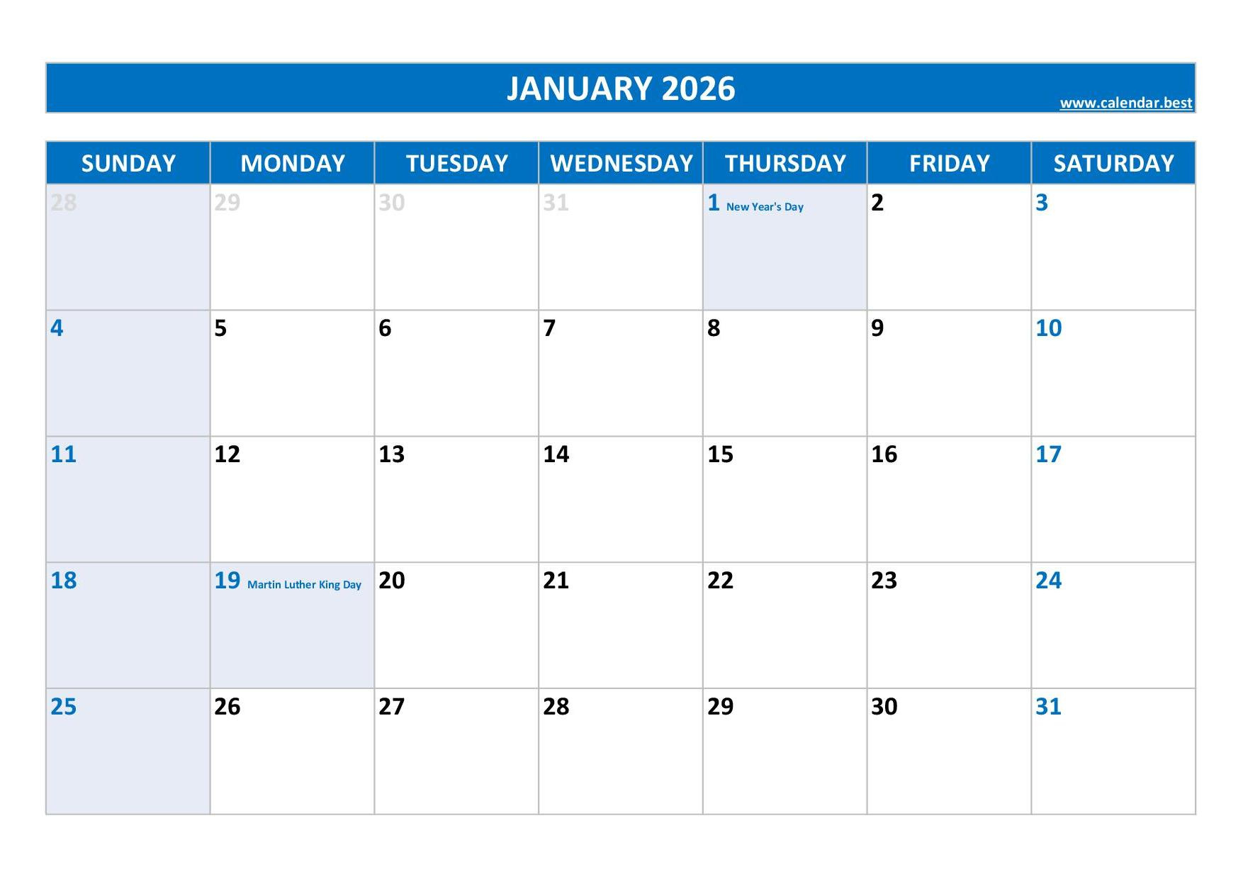 January 2026 Calendar -Calendar.best regarding Printable Calendar 2026 Jan Feb March