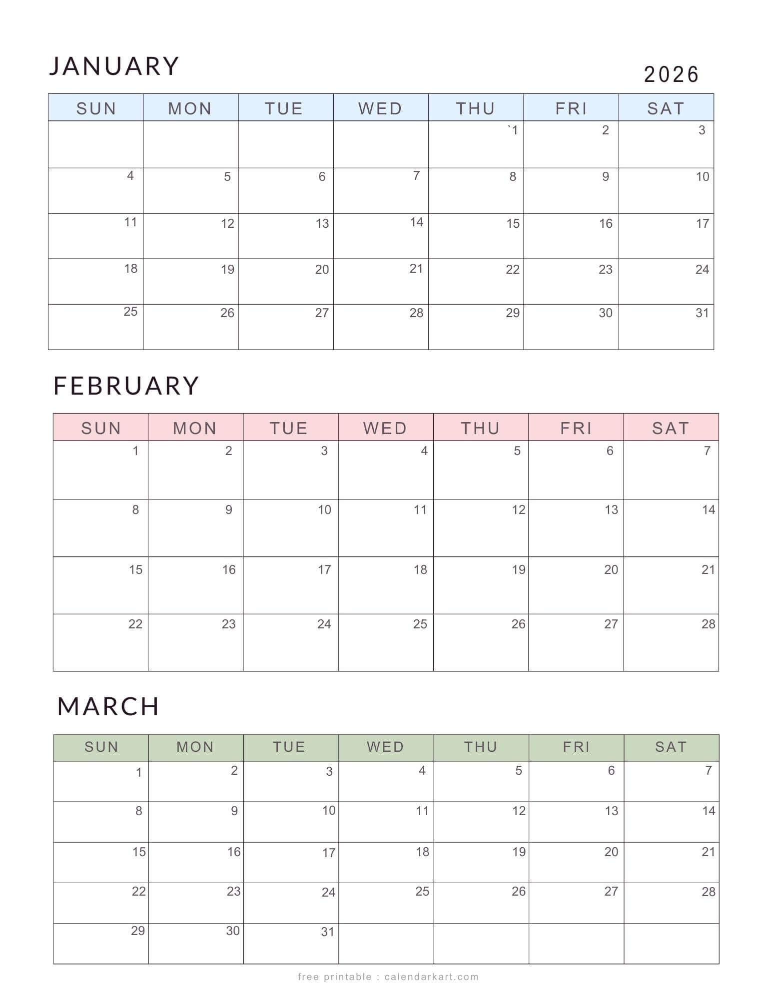 January-March 2026 Calendar - Q1 Planner Templates - Calendarkart regarding January March 2026 Printable Calendar