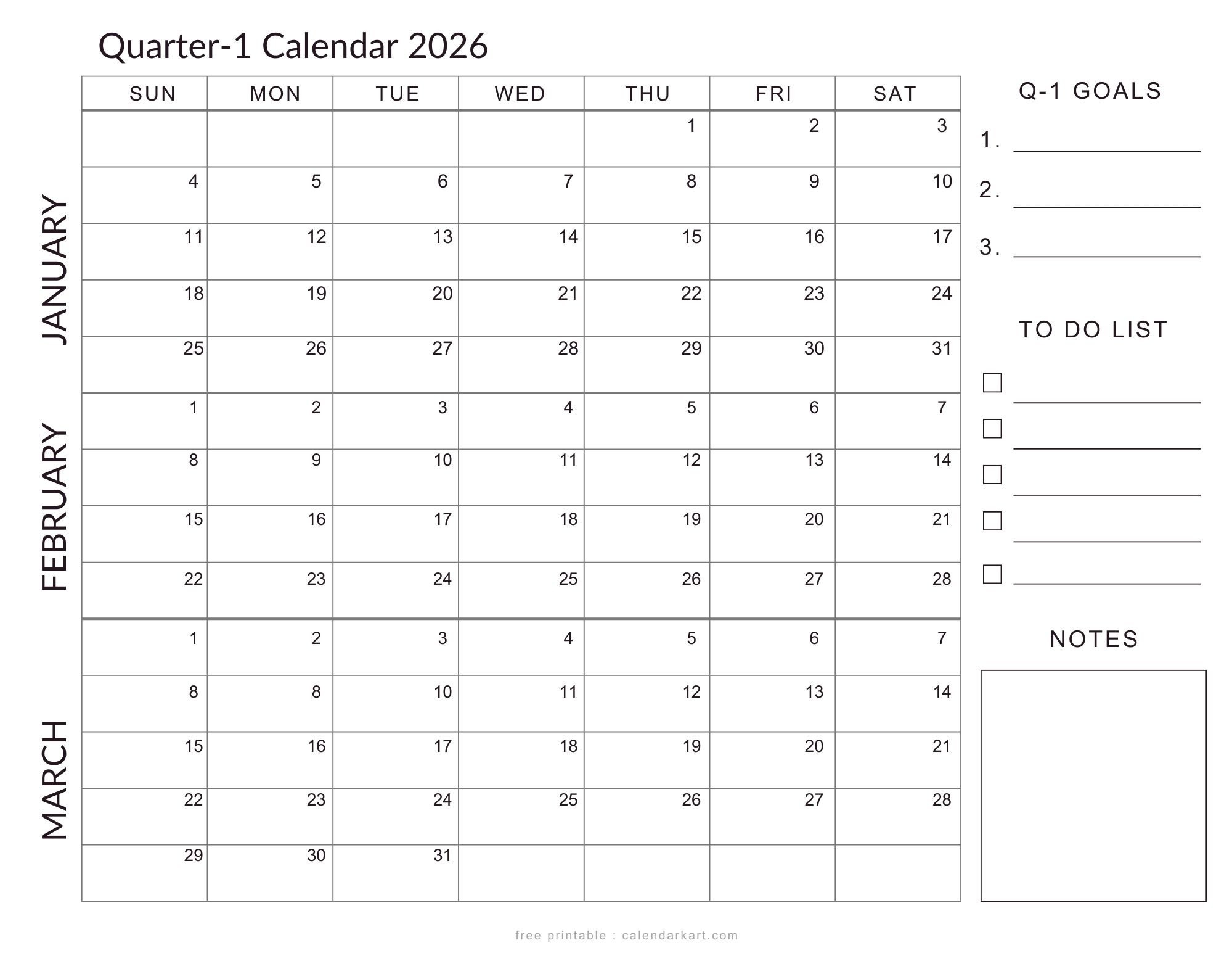 January-March 2026 Calendar - Q1 Planner Templates - Calendarkart with regard to January March 2026 Printable Calendar