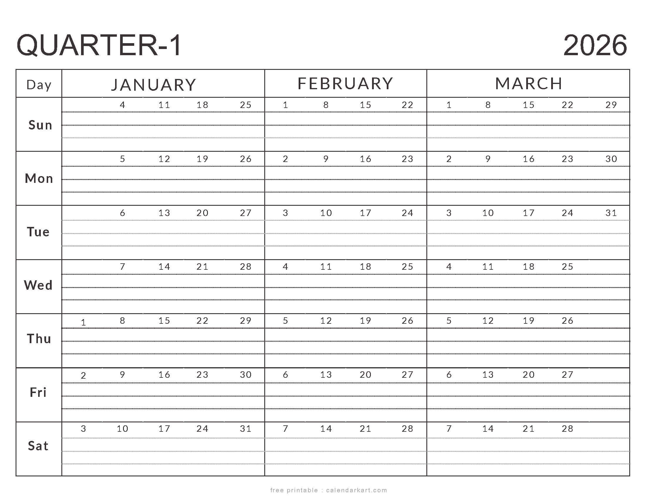 January-March 2026 Calendar - Q1 Planner Templates - Calendarkart within Printable Calendar Jan Feb March 2026