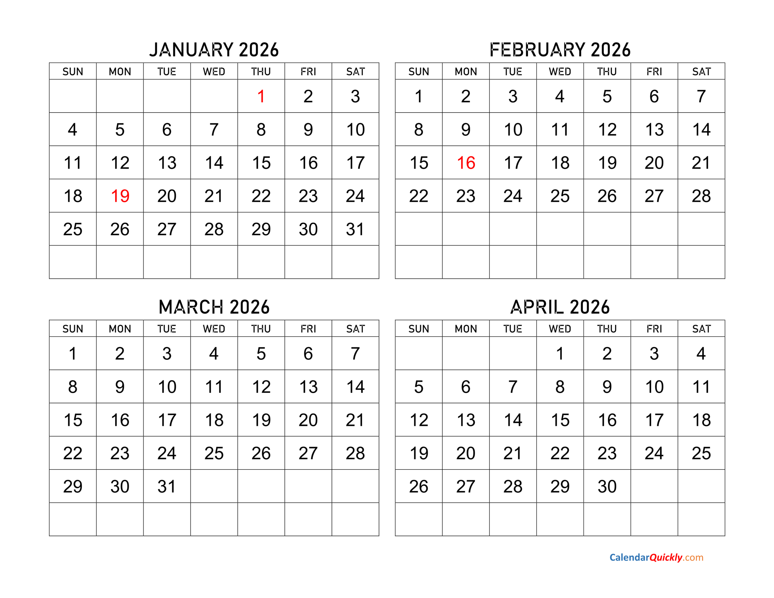January To April 2026 Calendar | Calendar Quickly with Jan Feb March 2026 Calendar