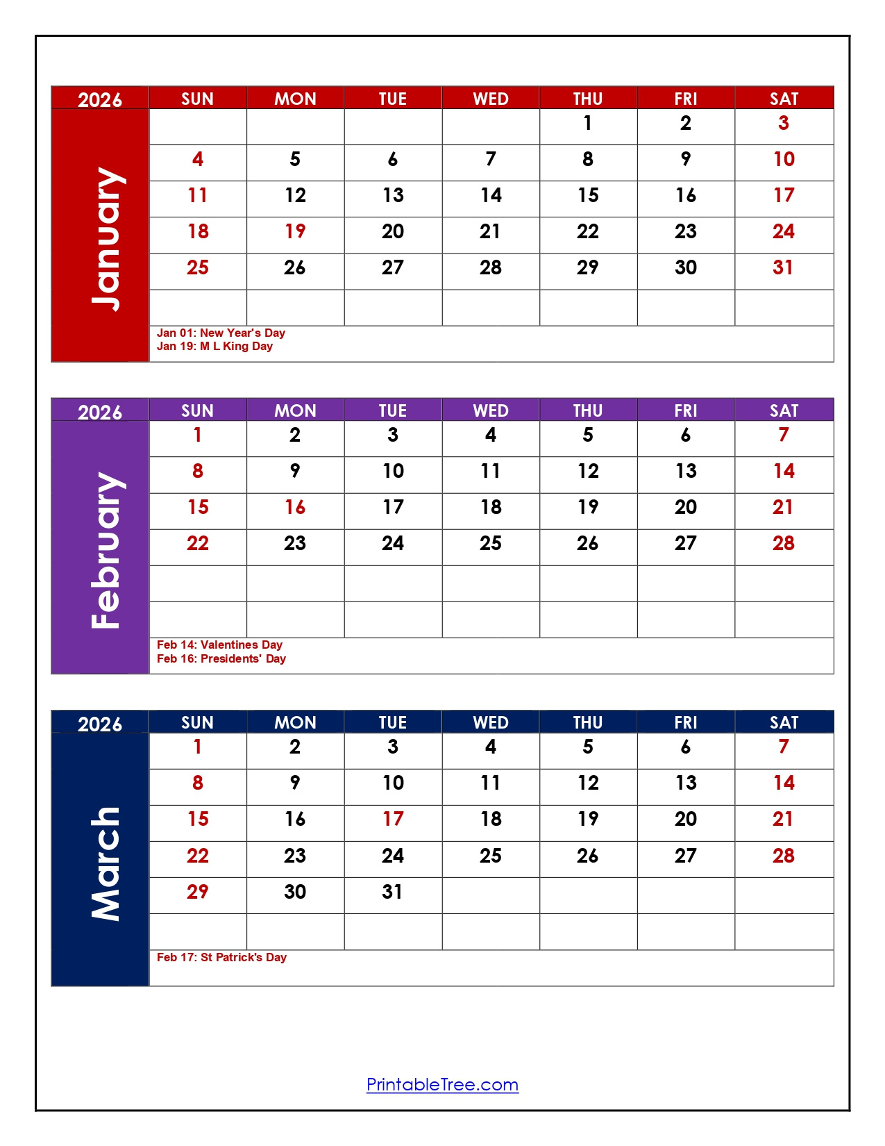 January To March 2026 Calendar- Three Month Calendar within January March 2026 Printable Calendar