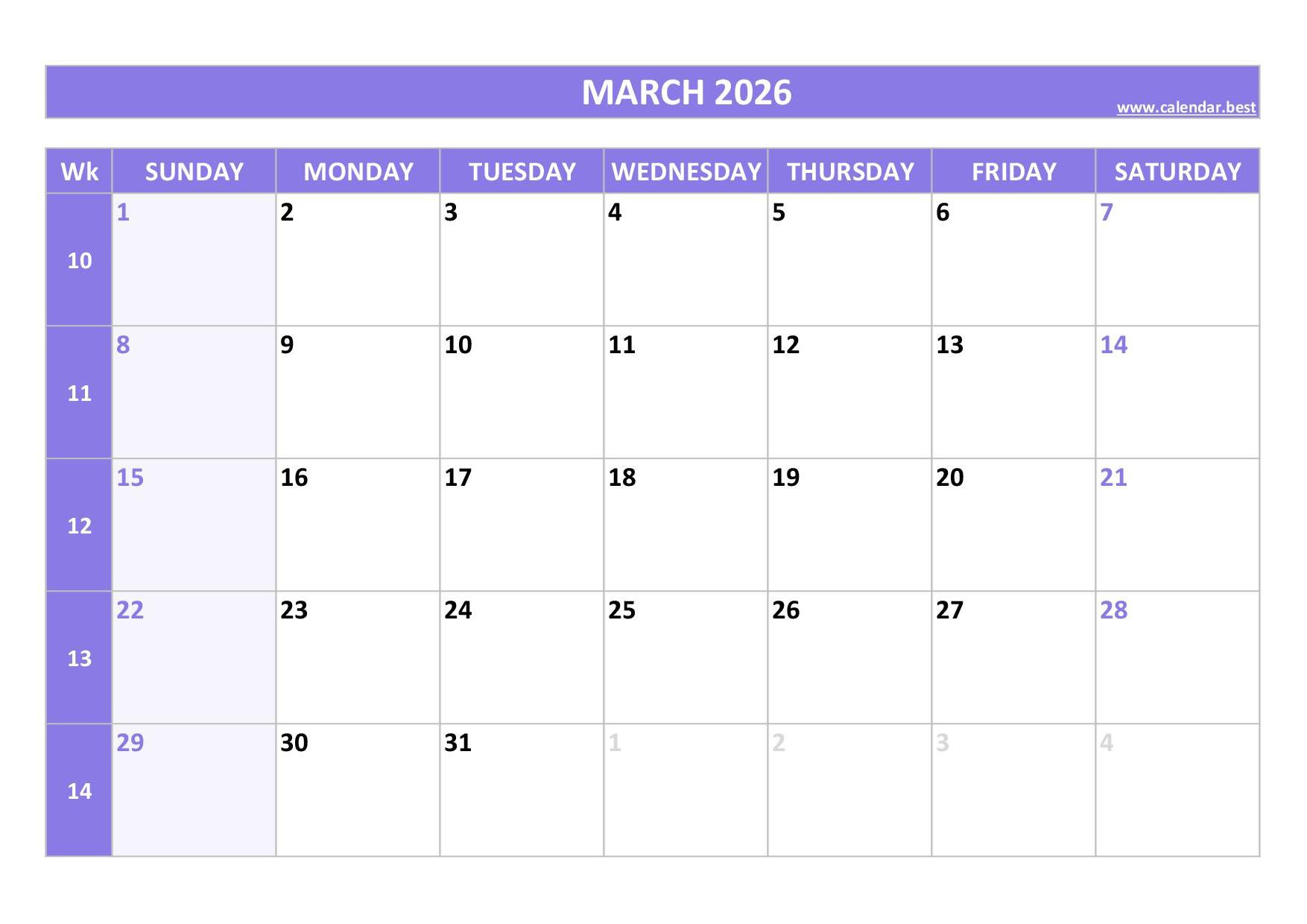 March 2026 Calendar -Calendar.best in Calendar March April May 2026 Printable