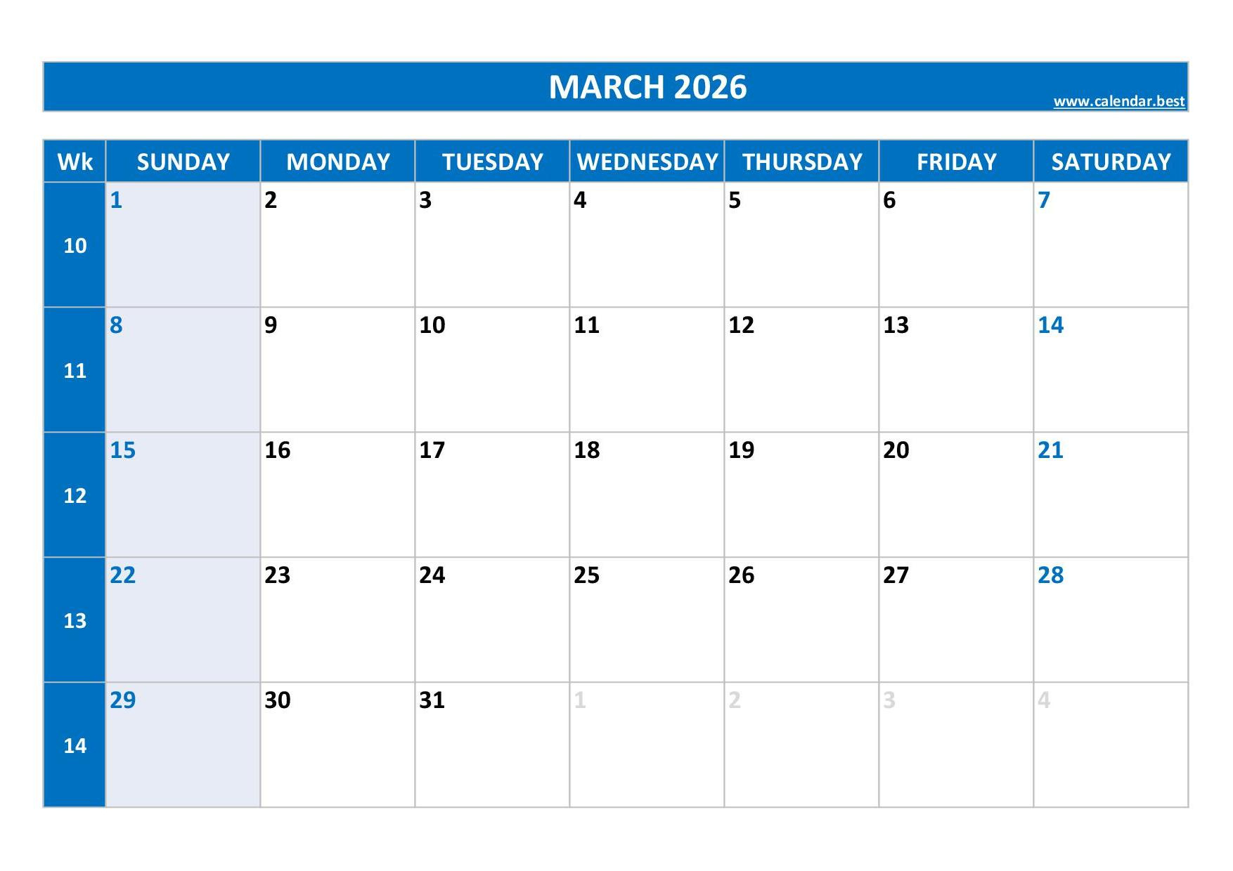 March 2026 Calendar -Calendar.best intended for Printable Weekly Calendar March 2026