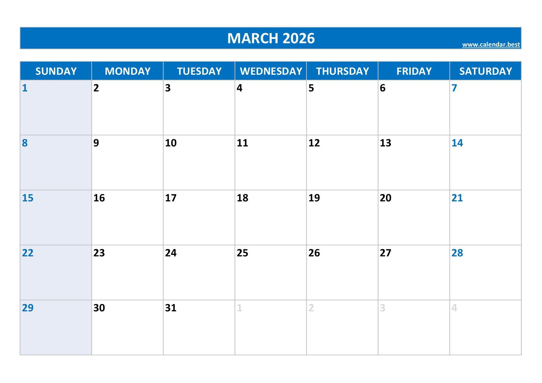 March 2026 Calendar -Calendar.best throughout Printable March Calender 2026