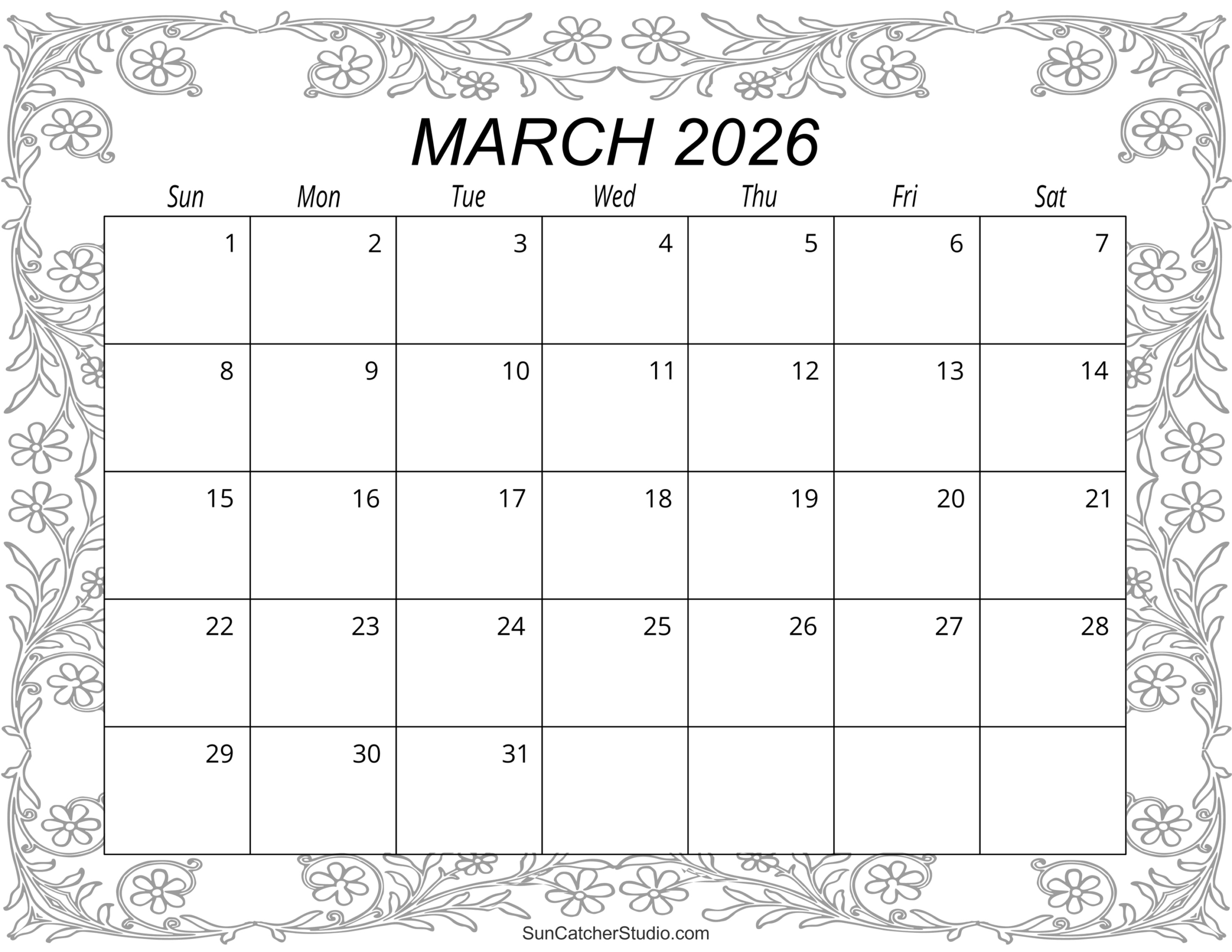 March 2026 Calendar (Free Printable) – Free Printables, Lettering for Printable Calendar of March 2026