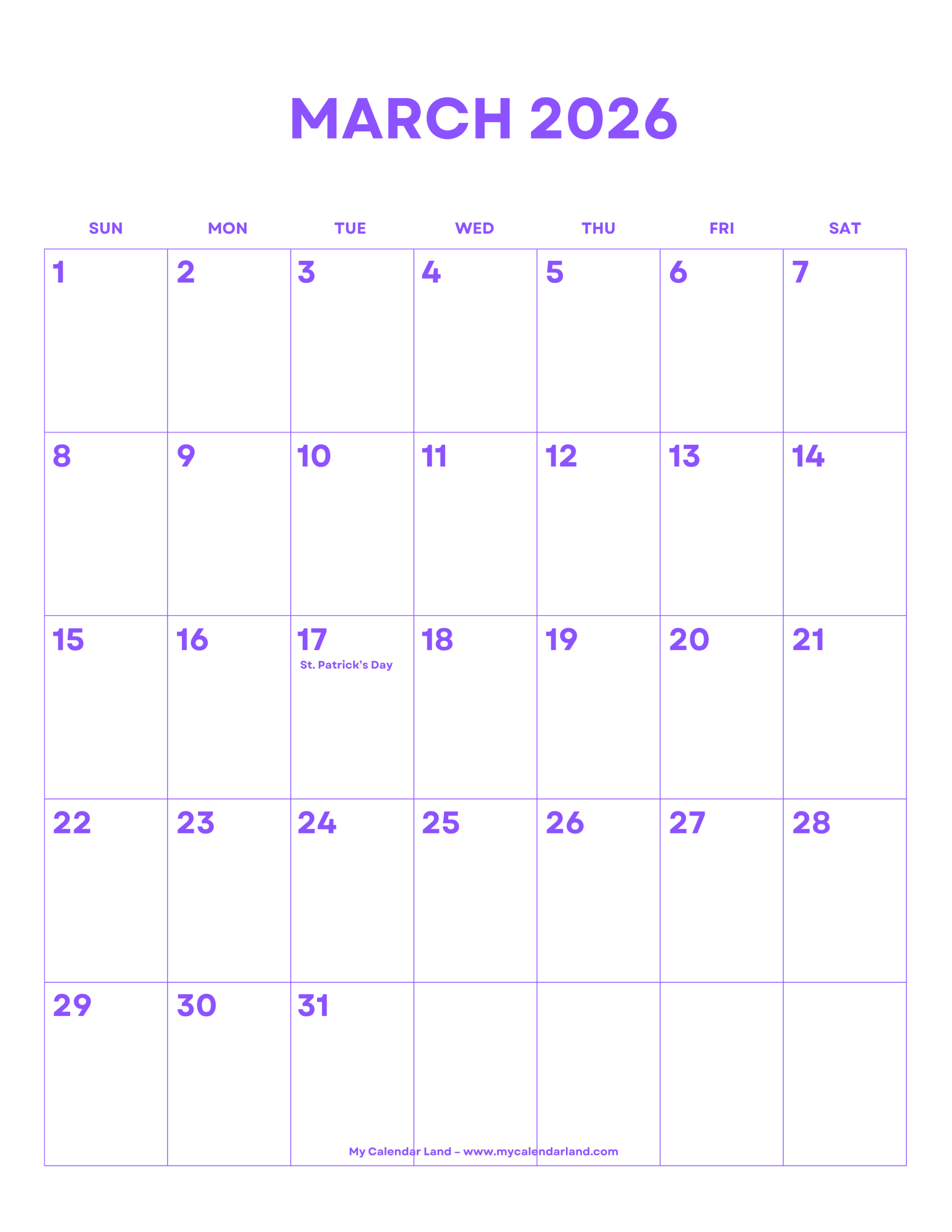 March 2026 Calendar – My Calendar Land for March 2026 Calendar Printable Vertical