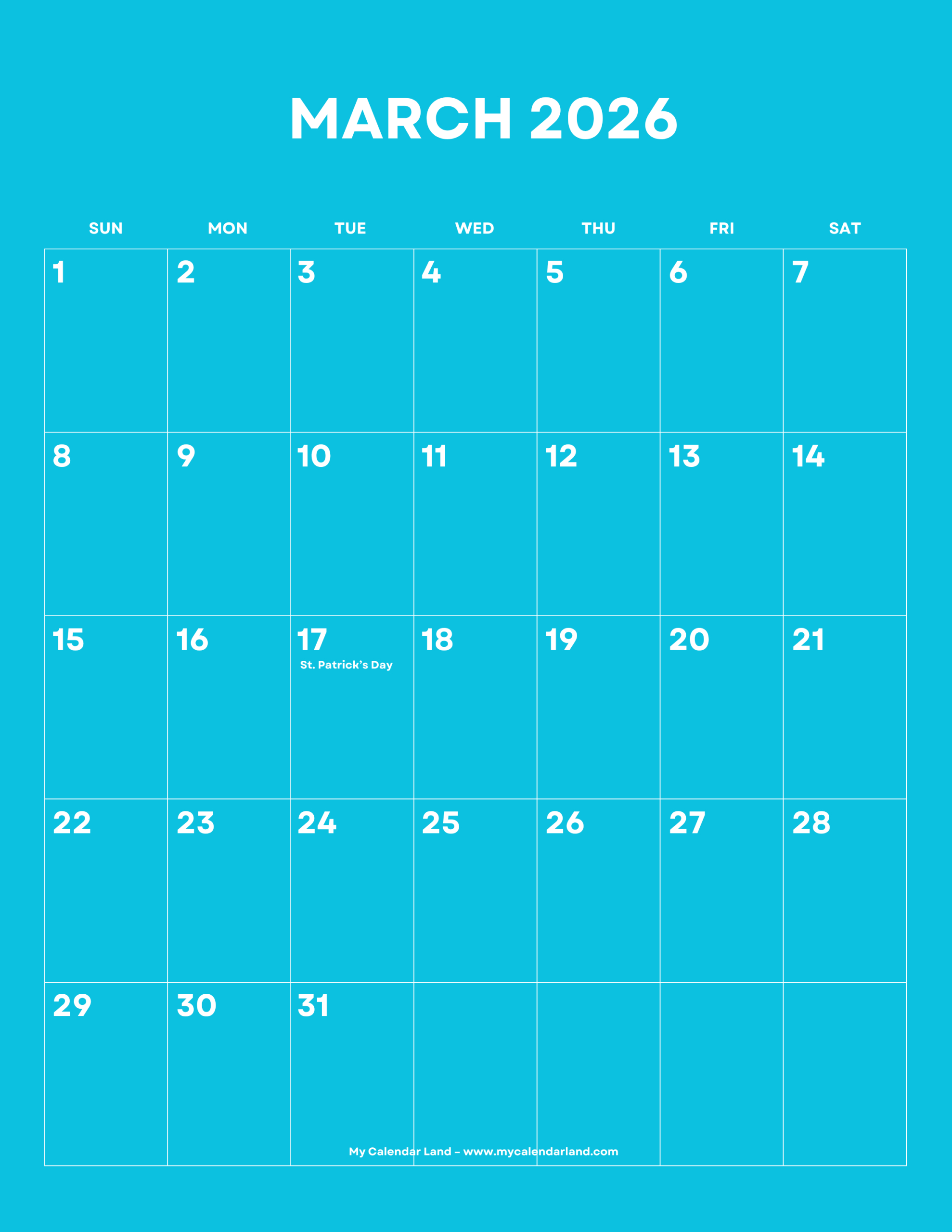 March 2026 Calendar – My Calendar Land in General Blue March 2026 Calendar
