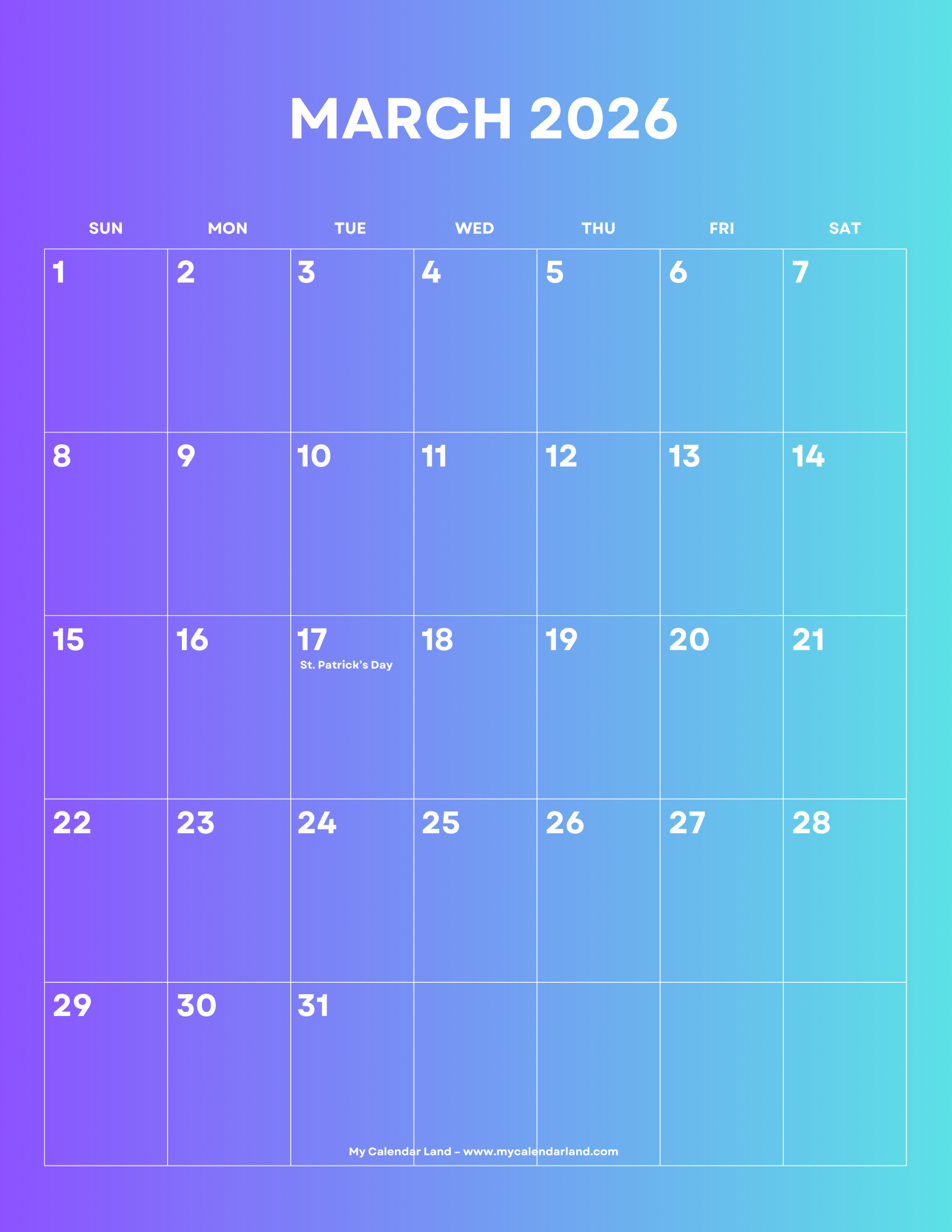 March 2026 Calendar – My Calendar Land in March Calendar 2026 General Blue